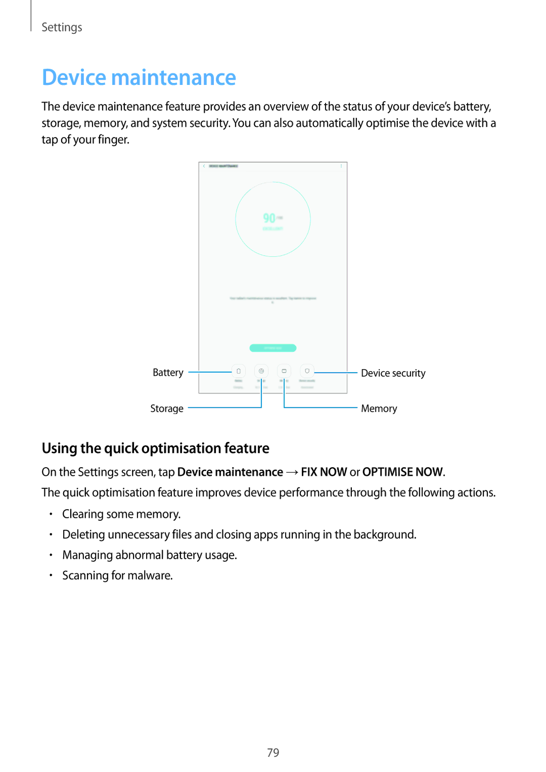 Samsung SM-T580NZKAPHE, SM-T580NZKADBT, SM-T580NZWADBT manual Device maintenance, Using the quick optimisation feature 