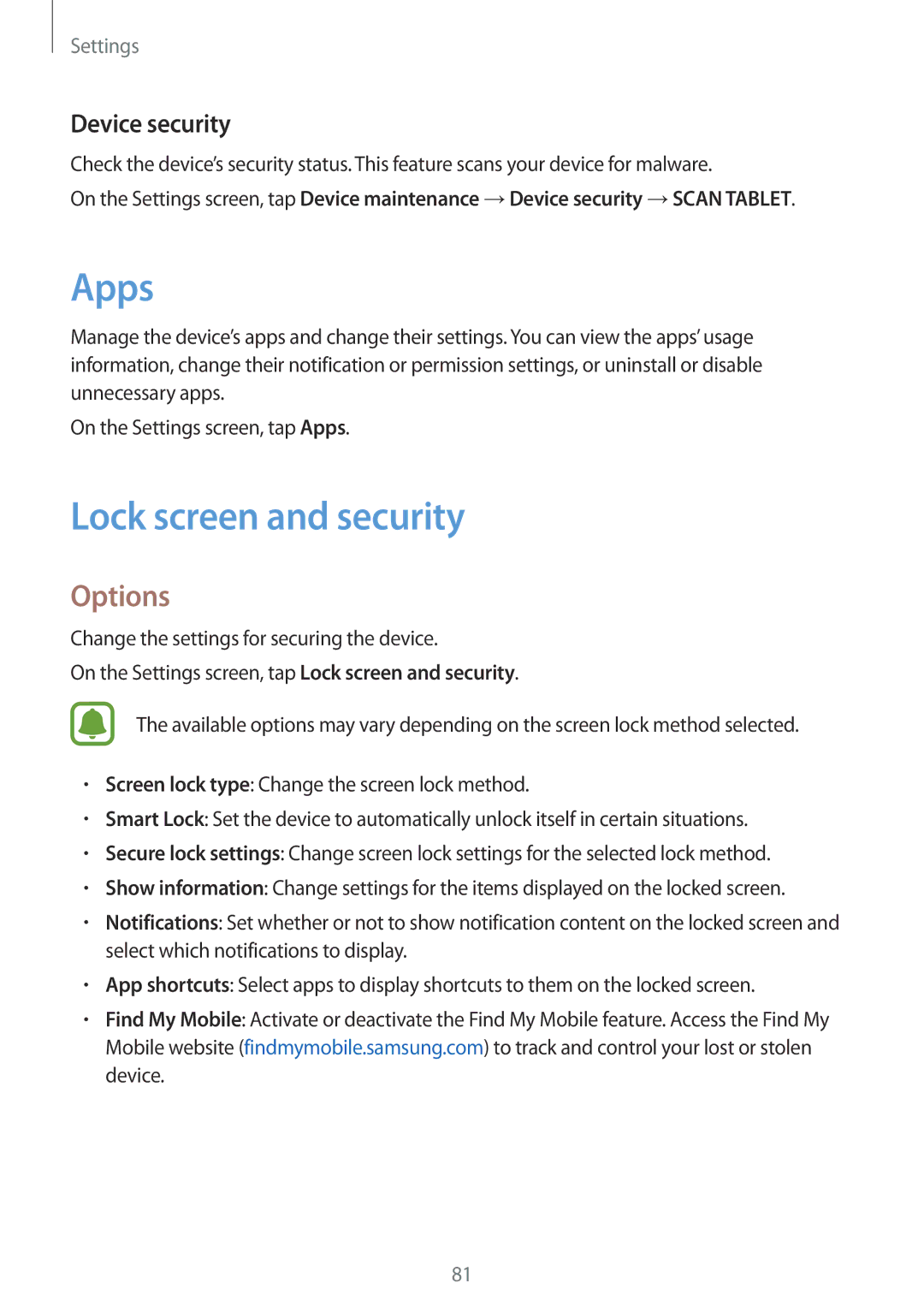 Samsung SM-T580NZWAKSA, SM-T580NZKADBT, SM-T580NZWADBT, SM-T580NZKEDBT manual Apps, Lock screen and security, Device security 