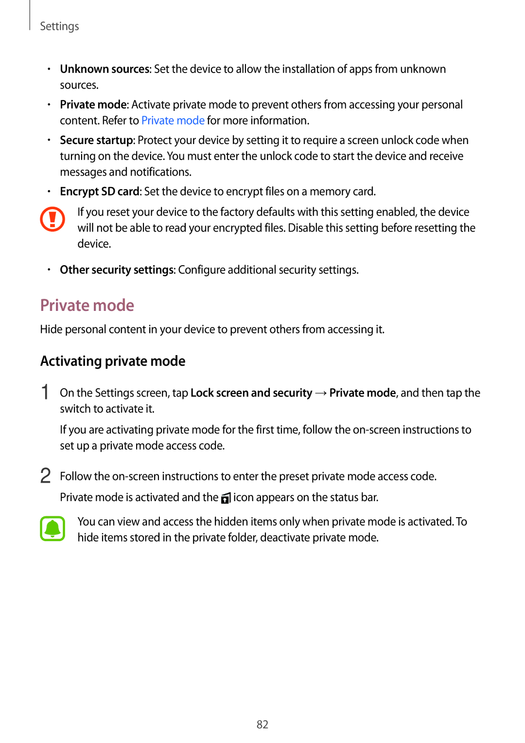 Samsung SM-T580NZKABGL, SM-T580NZKADBT, SM-T580NZWADBT, SM-T580NZKEDBT, SM-T580NZWEDBT Private mode, Activating private mode 