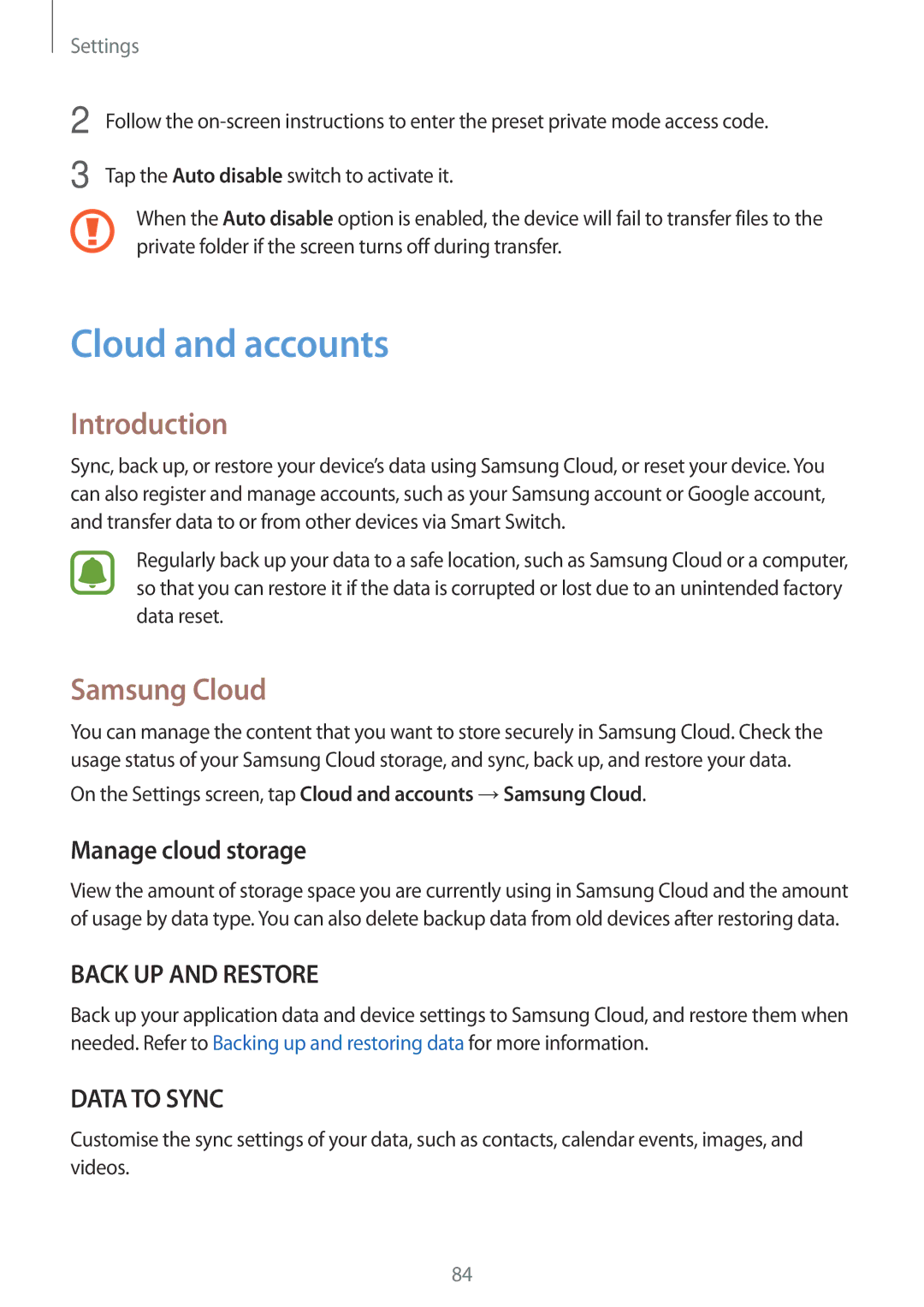 Samsung SM-T580NZAEXEZ, SM-T580NZKADBT, SM-T580NZWADBT manual Cloud and accounts, Samsung Cloud, Manage cloud storage 