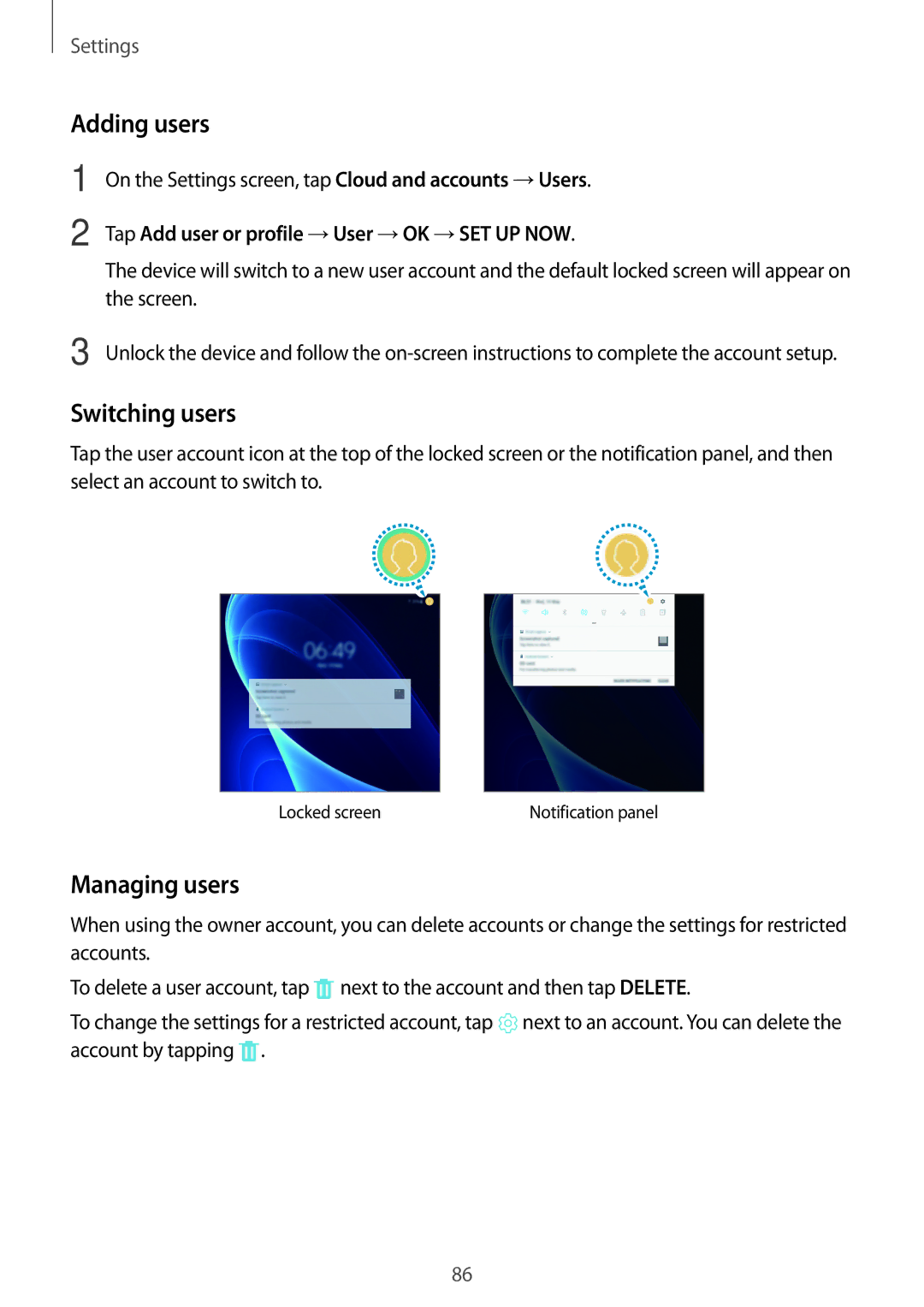 Samsung SM-T580NZWANEE manual Adding users, Switching users, Managing users, Tap Add user or profile →User →OK →SET UP NOW 