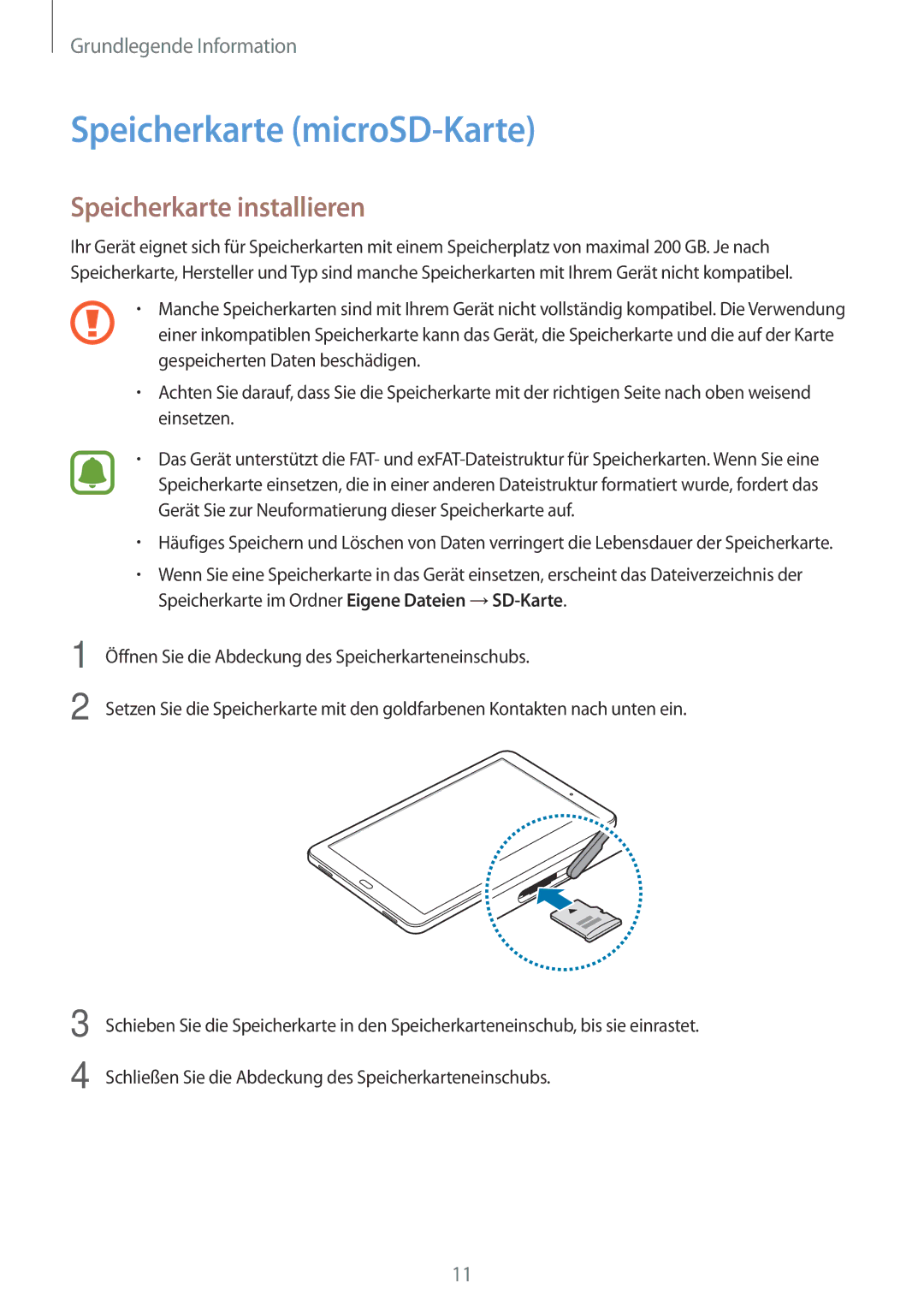 Samsung SM-T580NZWEDBT, SM-T580NZKADBT, SM-T580NZWADBT manual Speicherkarte microSD-Karte, Speicherkarte installieren 