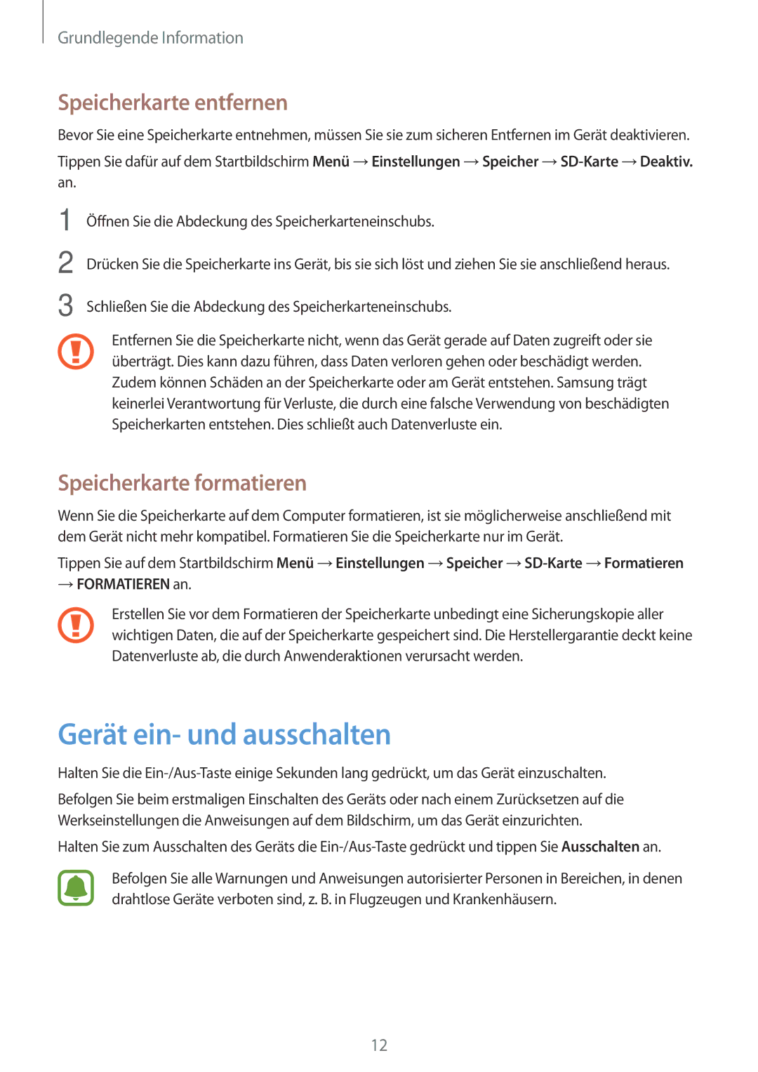 Samsung SM-T580NZKADBT, SM-T580NZWADBT manual Gerät ein- und ausschalten, Speicherkarte entfernen, Speicherkarte formatieren 