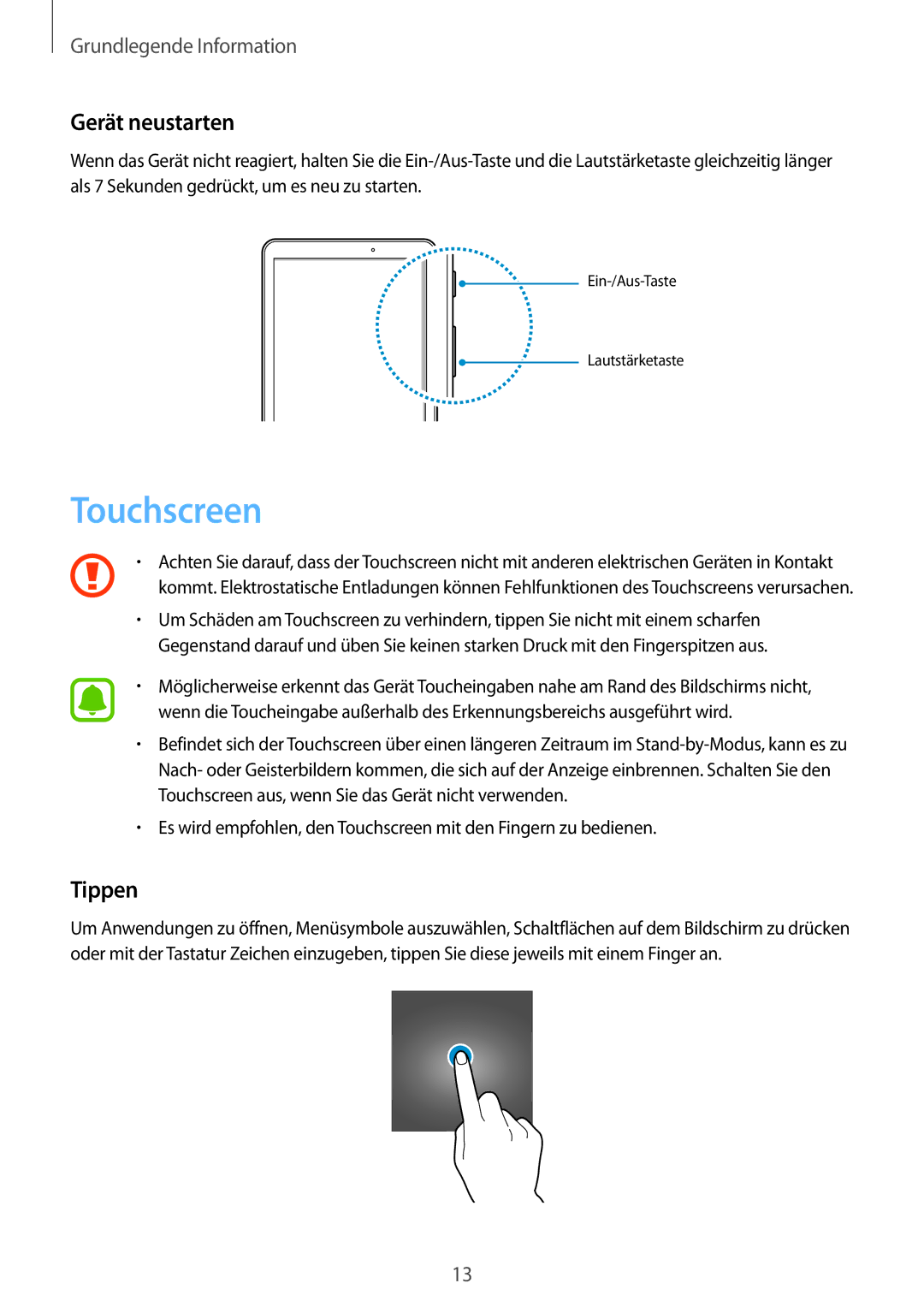 Samsung SM-T580NZWADBT, SM-T580NZKADBT, SM-T580NZKEDBT, SM-T580NZWEDBT manual Touchscreen, Gerät neustarten, Tippen 