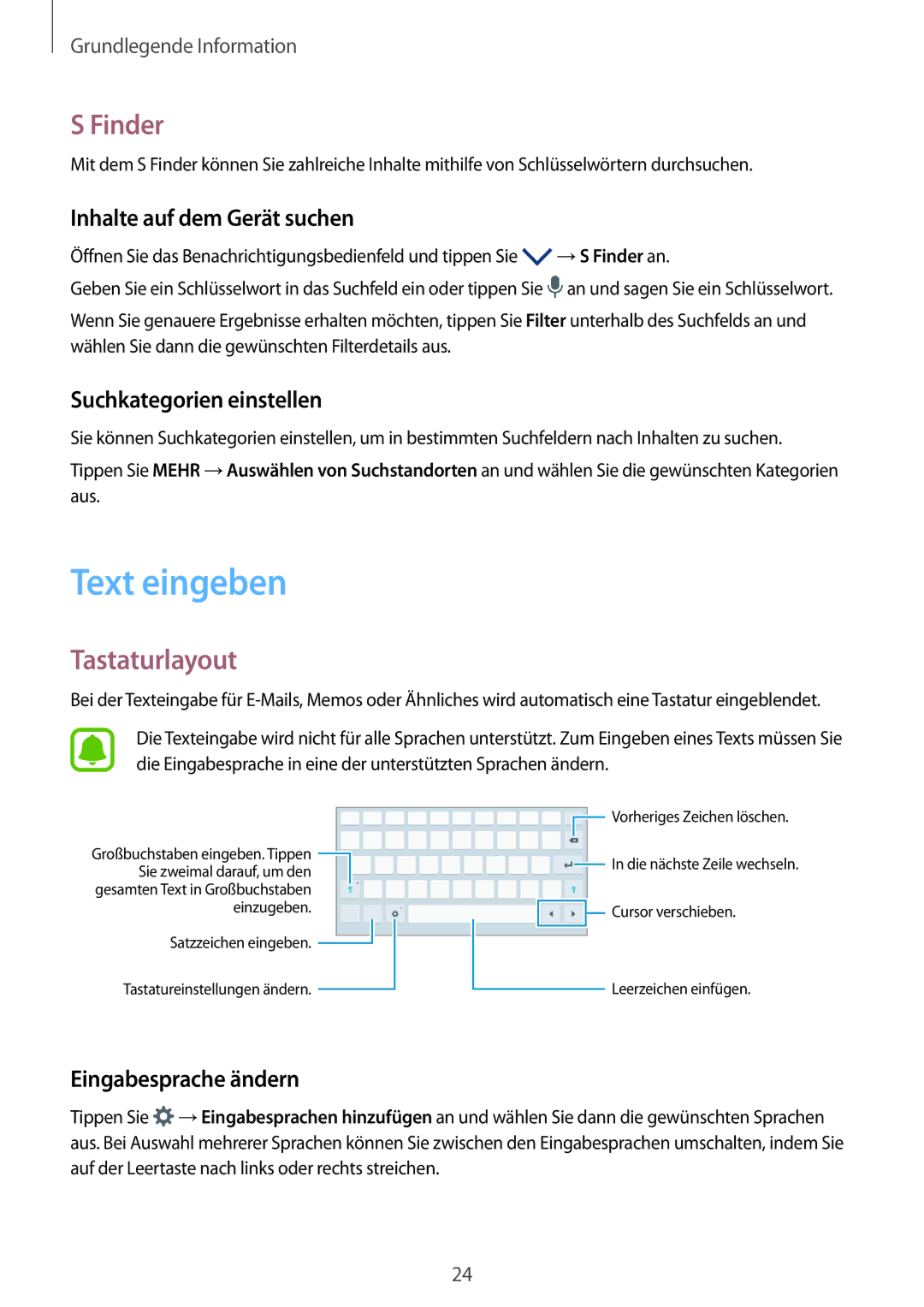 Samsung SM-T580NZKADBT, SM-T580NZWADBT, SM-T580NZKEDBT, SM-T580NZWEDBT manual Text eingeben, Finder, Tastaturlayout 