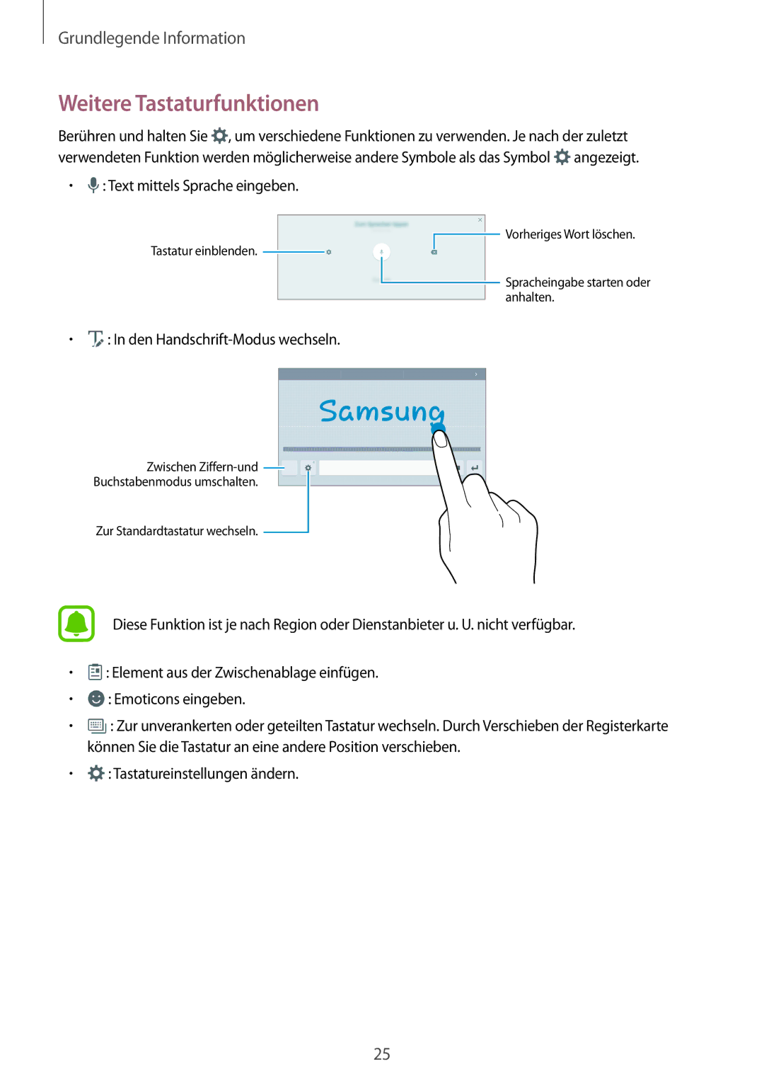 Samsung SM-T580NZWADBT, SM-T580NZKADBT, SM-T580NZKEDBT, SM-T580NZWEDBT manual Weitere Tastaturfunktionen 