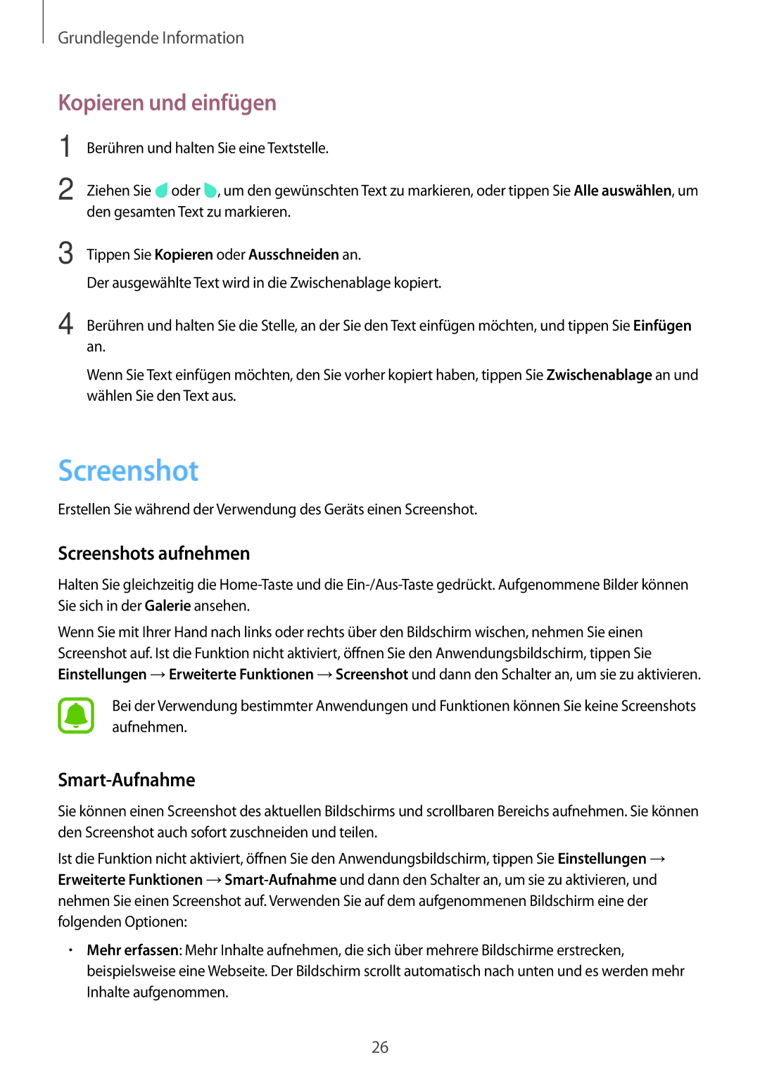 Samsung SM-T580NZKEDBT, SM-T580NZKADBT, SM-T580NZWADBT Kopieren und einfügen, Screenshots aufnehmen, Smart-Aufnahme 