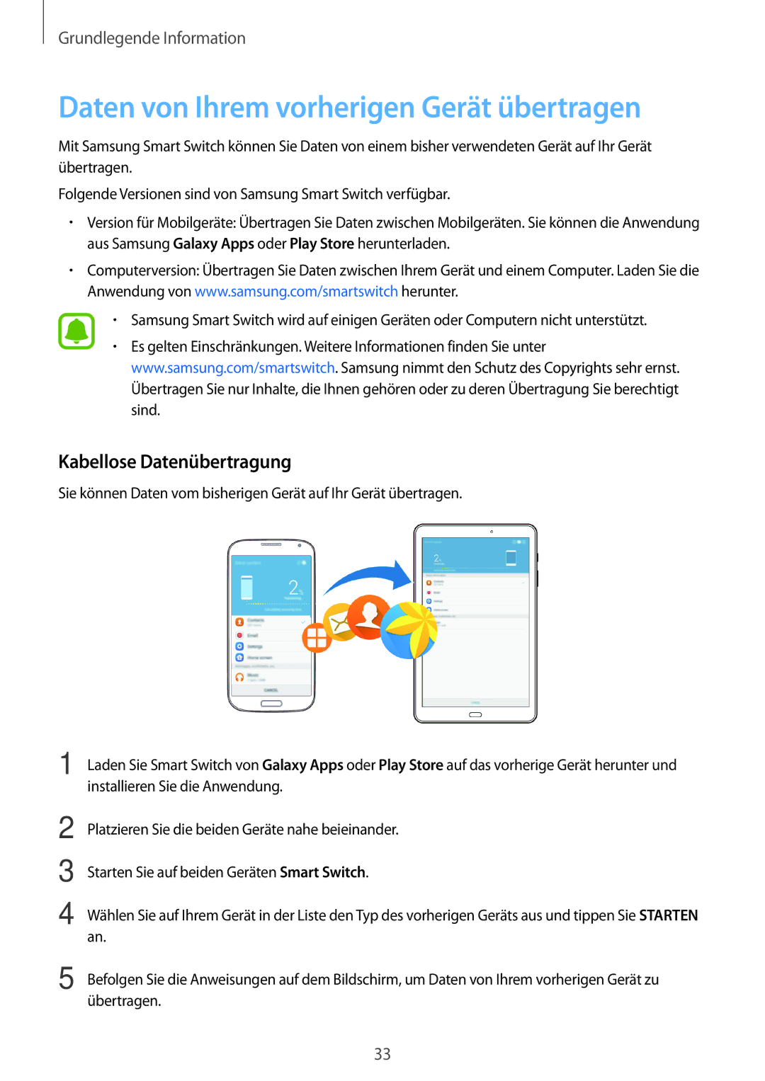 Samsung SM-T580NZWADBT, SM-T580NZKADBT manual Daten von Ihrem vorherigen Gerät übertragen, Kabellose Datenübertragung 