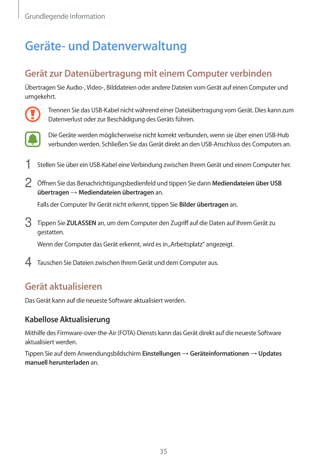 Samsung SM-T580NZWEDBT manual Geräte- und Datenverwaltung, Gerät zur Datenübertragung mit einem Computer verbinden 