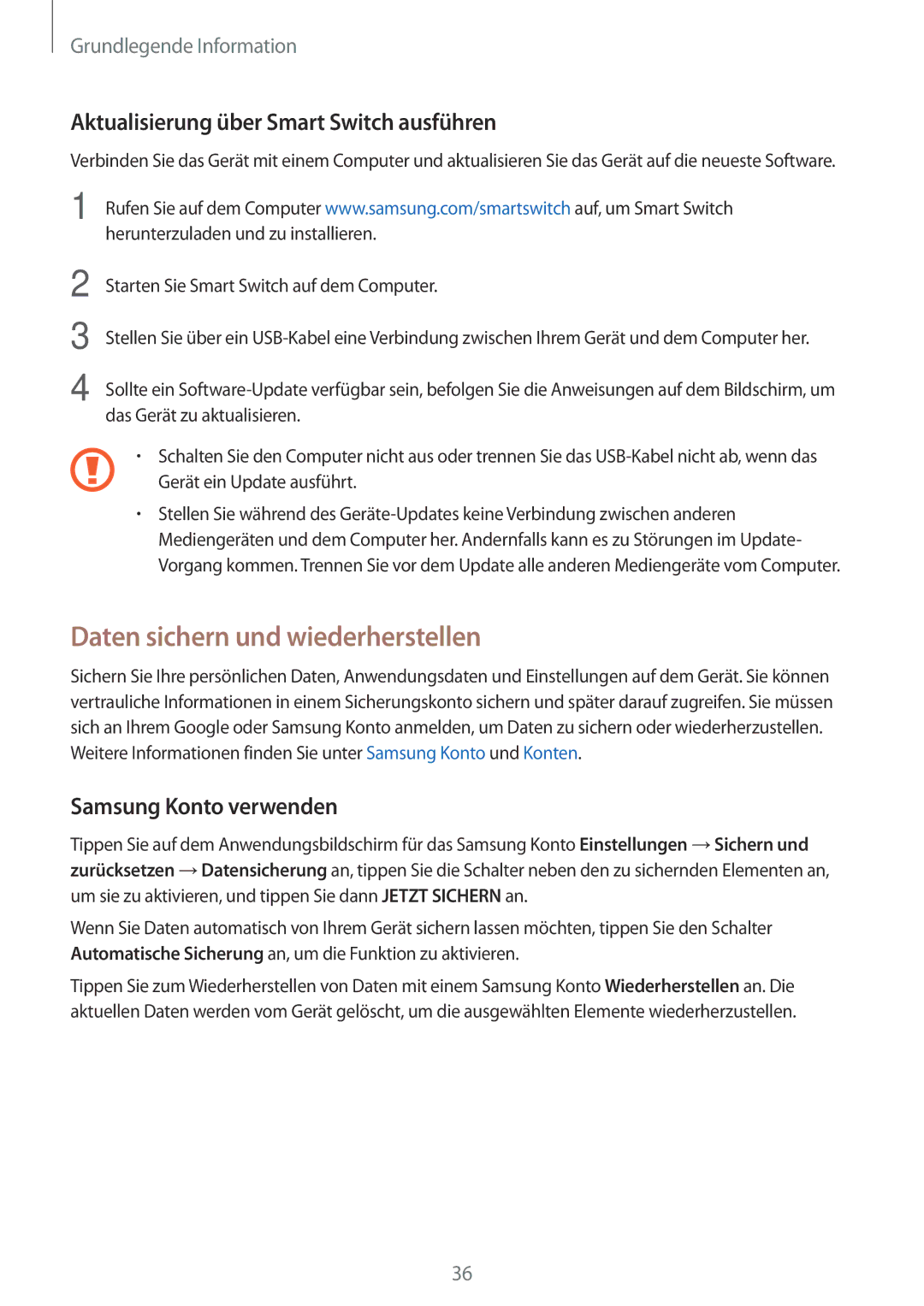 Samsung SM-T580NZKADBT, SM-T580NZWADBT manual Daten sichern und wiederherstellen, Aktualisierung über Smart Switch ausführen 