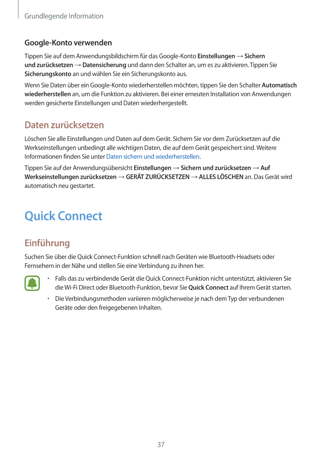 Samsung SM-T580NZWADBT, SM-T580NZKADBT, SM-T580NZKEDBT manual Quick Connect, Daten zurücksetzen, Google-Konto verwenden 