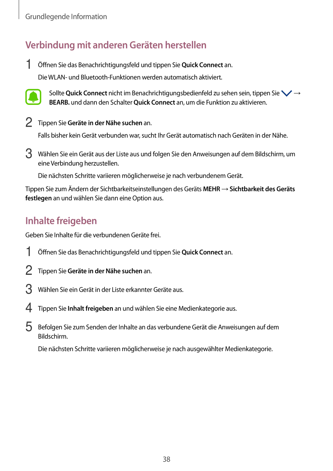 Samsung SM-T580NZKEDBT, SM-T580NZKADBT, SM-T580NZWADBT manual Verbindung mit anderen Geräten herstellen, Inhalte freigeben 