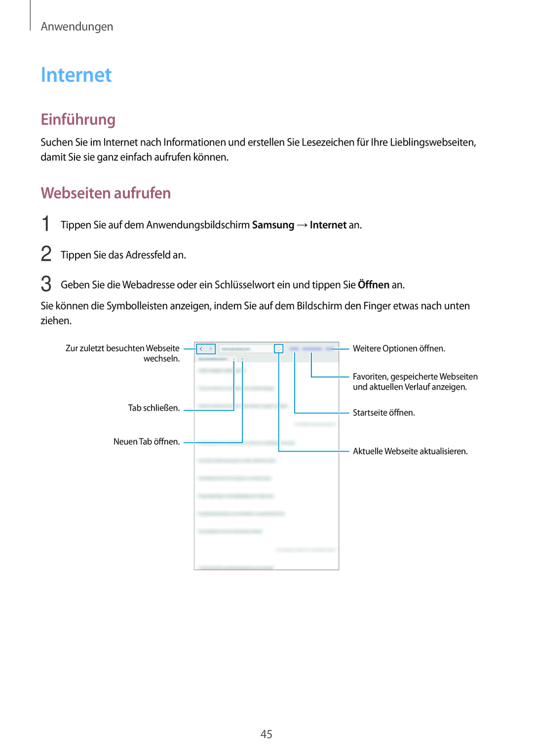 Samsung SM-T580NZWADBT, SM-T580NZKADBT, SM-T580NZKEDBT, SM-T580NZWEDBT manual Internet, Webseiten aufrufen 