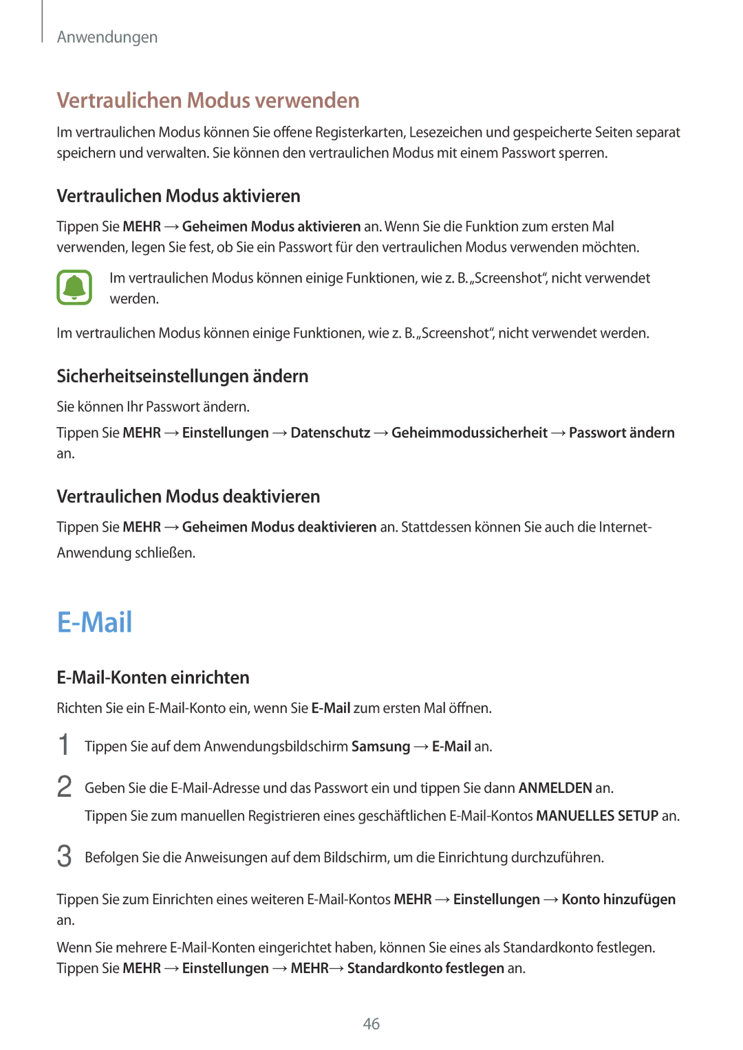 Samsung SM-T580NZKEDBT, SM-T580NZKADBT, SM-T580NZWADBT, SM-T580NZWEDBT manual Mail, Vertraulichen Modus verwenden 