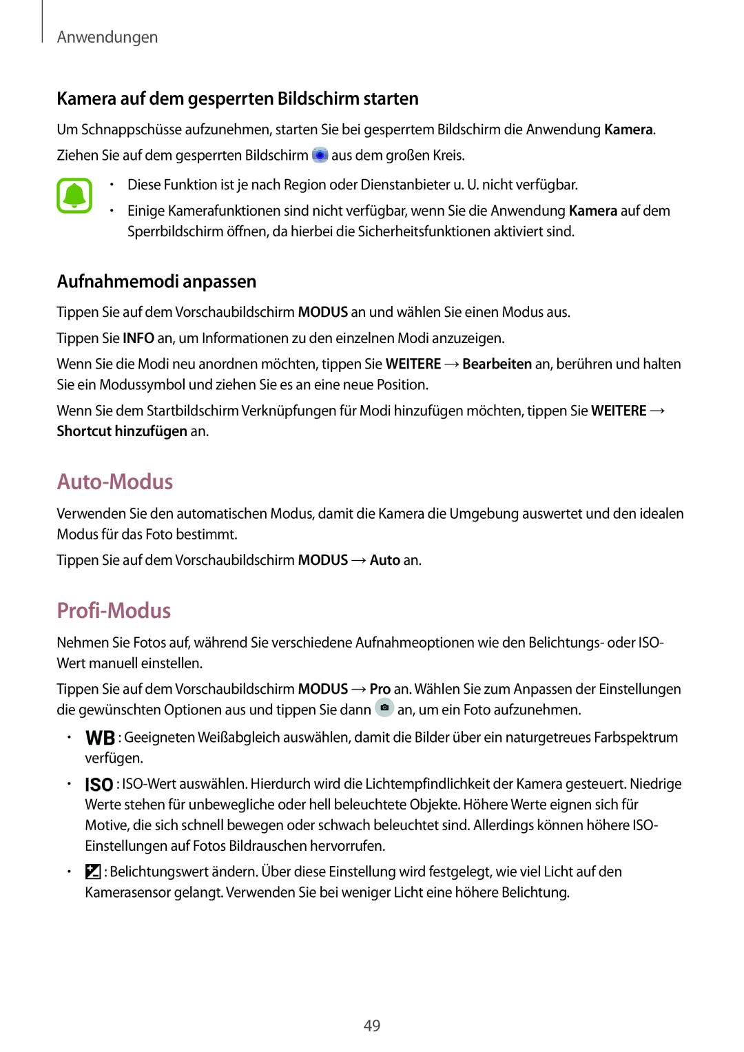 Samsung SM-T580NZWADBT manual Auto-Modus, Profi-Modus, Kamera auf dem gesperrten Bildschirm starten, Aufnahmemodi anpassen 