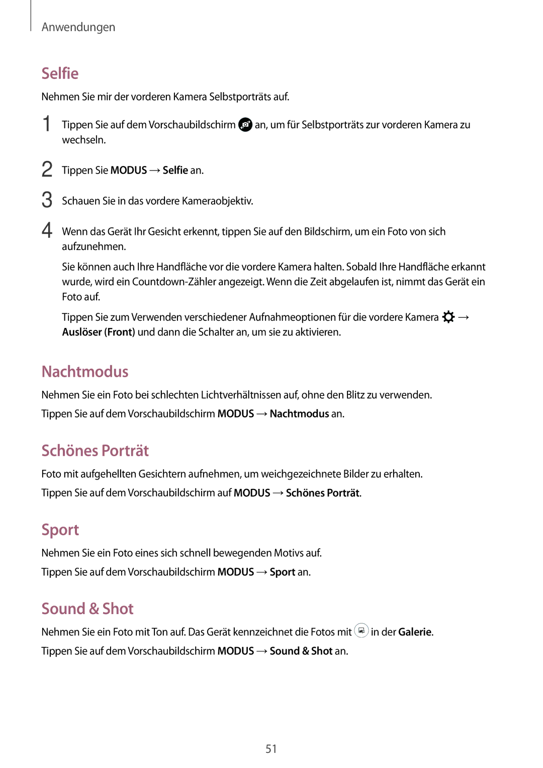 Samsung SM-T580NZWEDBT, SM-T580NZKADBT, SM-T580NZWADBT manual Selfie, Nachtmodus, Schönes Porträt, Sport, Sound & Shot 