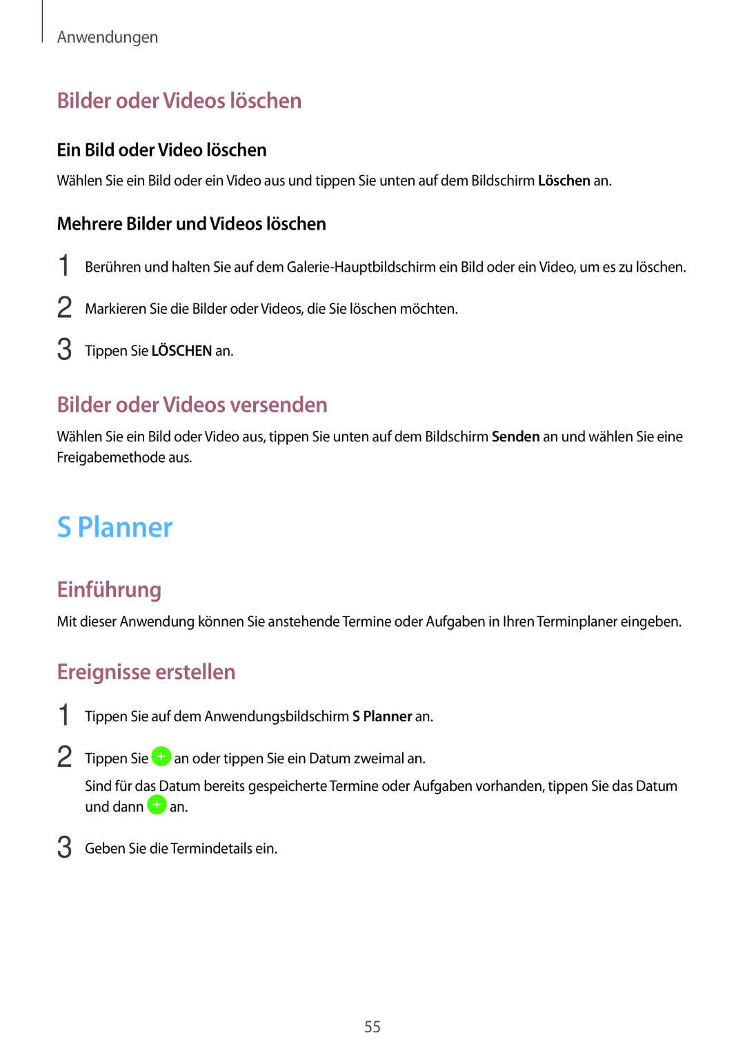 Samsung SM-T580NZWEDBT manual Planner, Bilder oder Videos löschen, Bilder oder Videos versenden, Ereignisse erstellen 