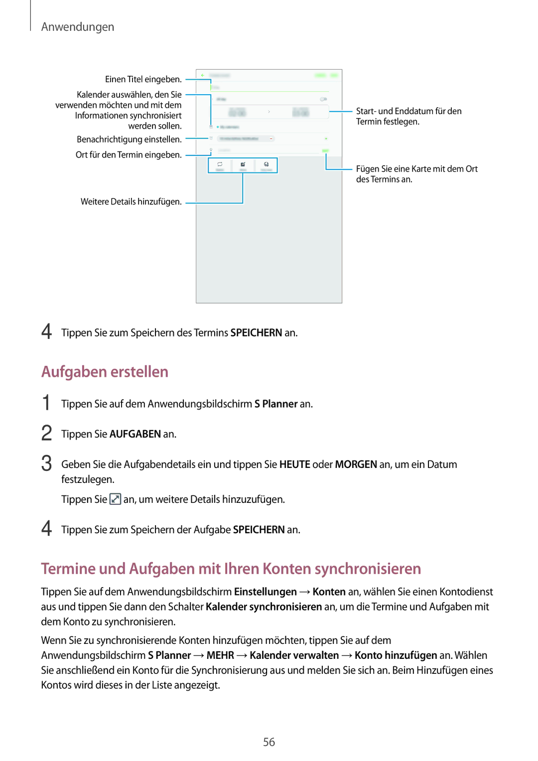 Samsung SM-T580NZKADBT, SM-T580NZWADBT manual Aufgaben erstellen, Termine und Aufgaben mit Ihren Konten synchronisieren 