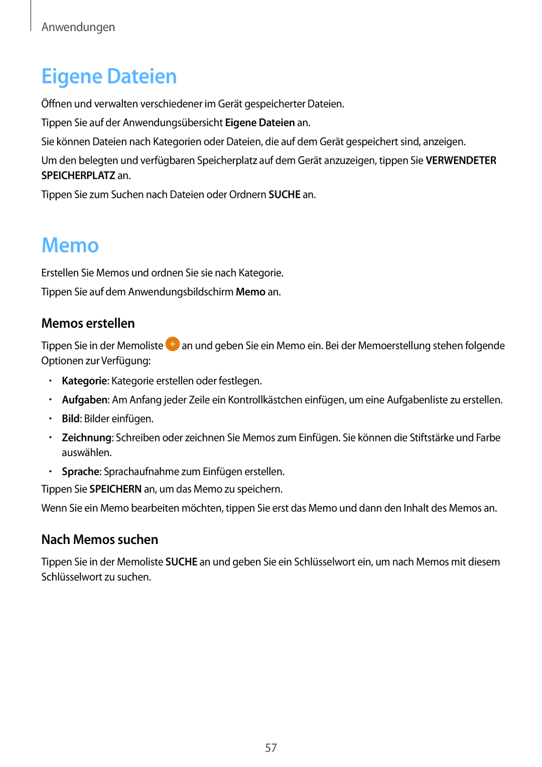 Samsung SM-T580NZWADBT, SM-T580NZKADBT, SM-T580NZKEDBT manual Eigene Dateien, Memos erstellen, Nach Memos suchen 