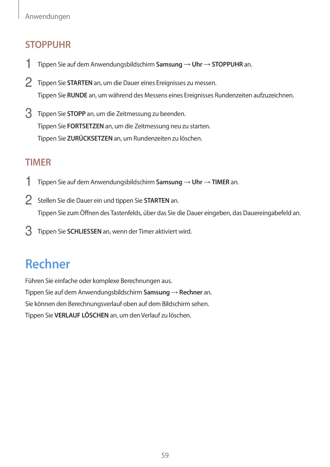 Samsung SM-T580NZWEDBT, SM-T580NZKADBT, SM-T580NZWADBT, SM-T580NZKEDBT manual Rechner, Stoppuhr 