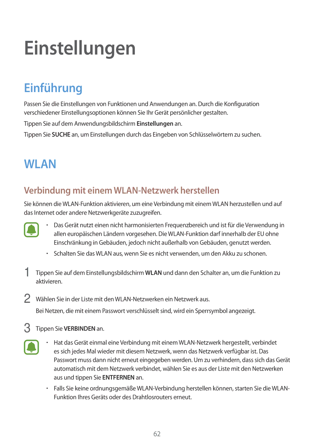 Samsung SM-T580NZKEDBT, SM-T580NZKADBT, SM-T580NZWADBT manual Einführung, Verbindung mit einem WLAN-Netzwerk herstellen 