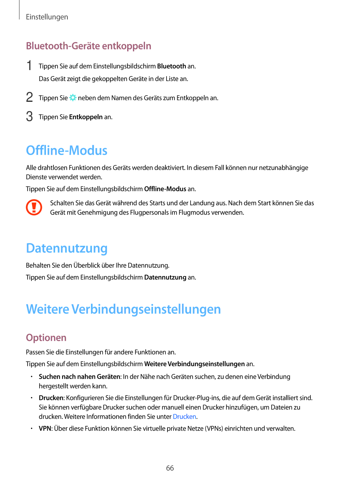 Samsung SM-T580NZKEDBT manual Offline-Modus, Datennutzung, Weitere Verbindungseinstellungen, Bluetooth-Geräte entkoppeln 