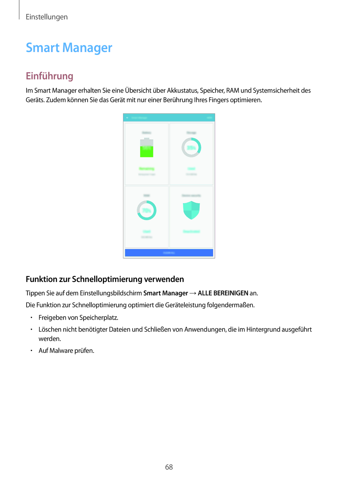 Samsung SM-T580NZKADBT, SM-T580NZWADBT, SM-T580NZKEDBT manual Smart Manager, Funktion zur Schnelloptimierung verwenden 