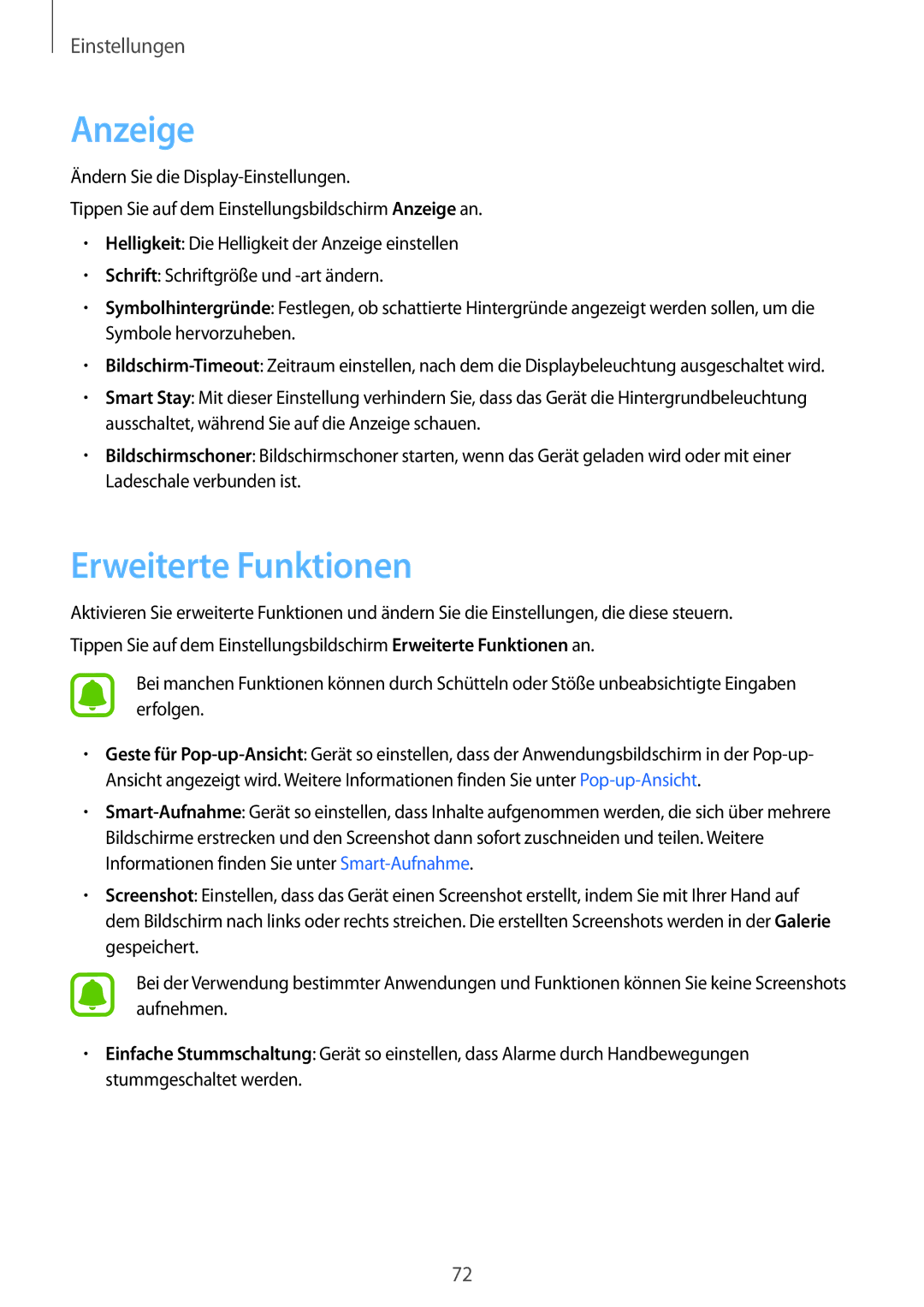 Samsung SM-T580NZKADBT, SM-T580NZWADBT, SM-T580NZKEDBT, SM-T580NZWEDBT manual Anzeige, Erweiterte Funktionen 