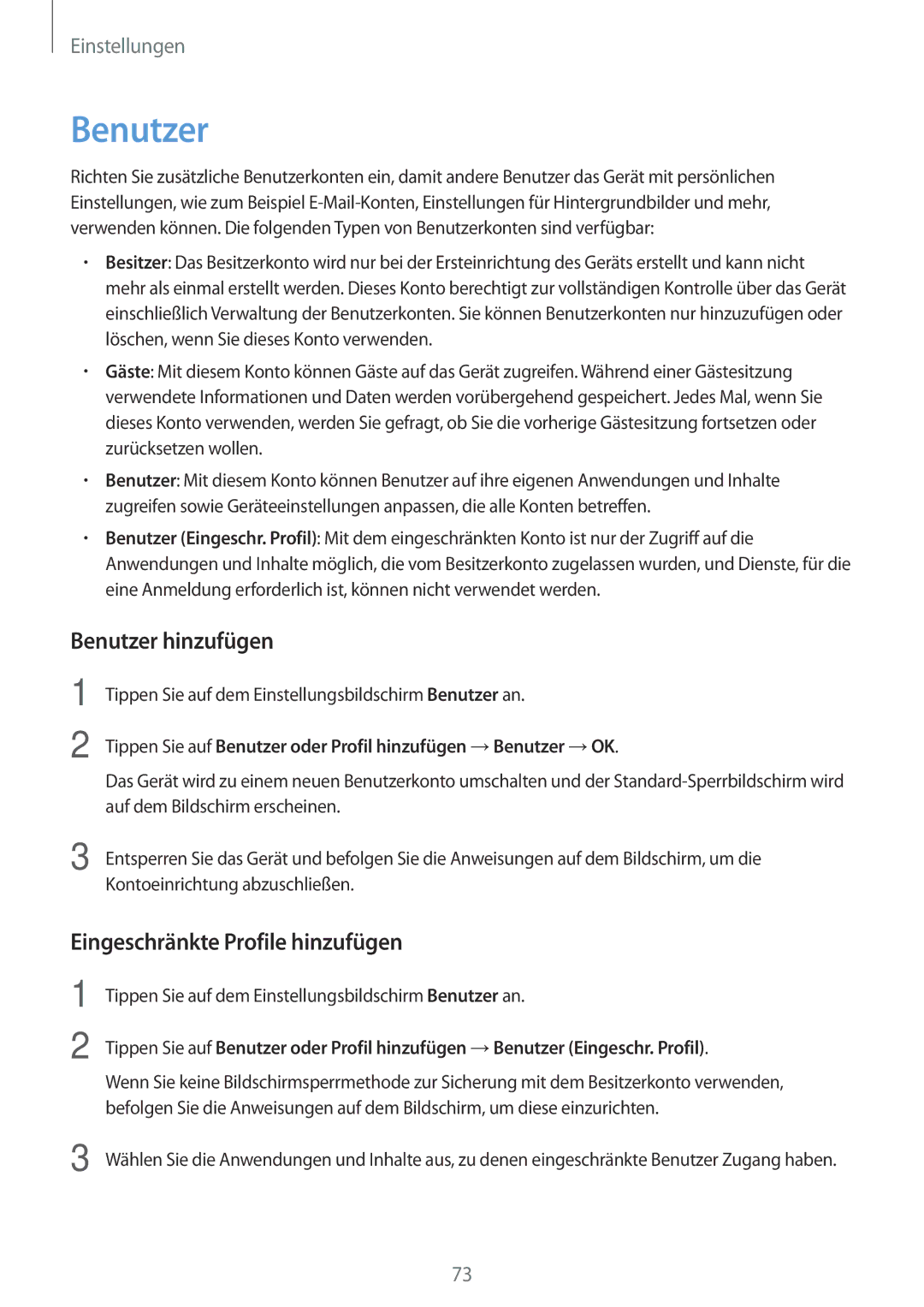 Samsung SM-T580NZWADBT, SM-T580NZKADBT, SM-T580NZKEDBT manual Benutzer hinzufügen, Eingeschränkte Profile hinzufügen 