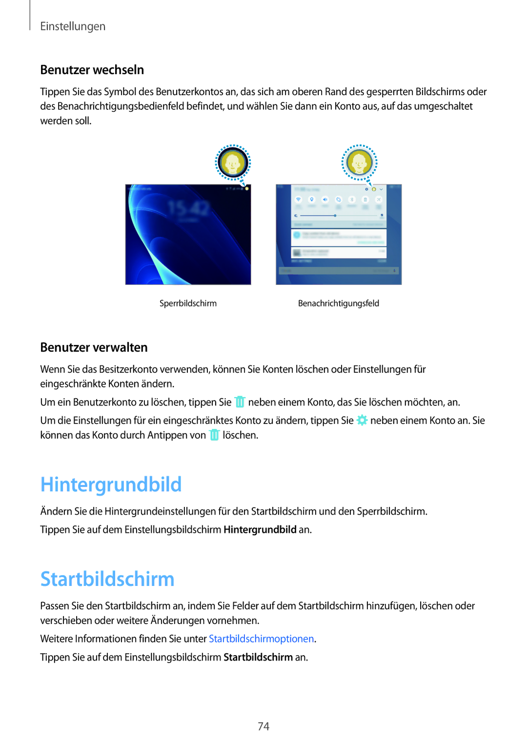 Samsung SM-T580NZKEDBT, SM-T580NZKADBT, SM-T580NZWADBT manual Hintergrundbild, Benutzer wechseln, Benutzer verwalten 