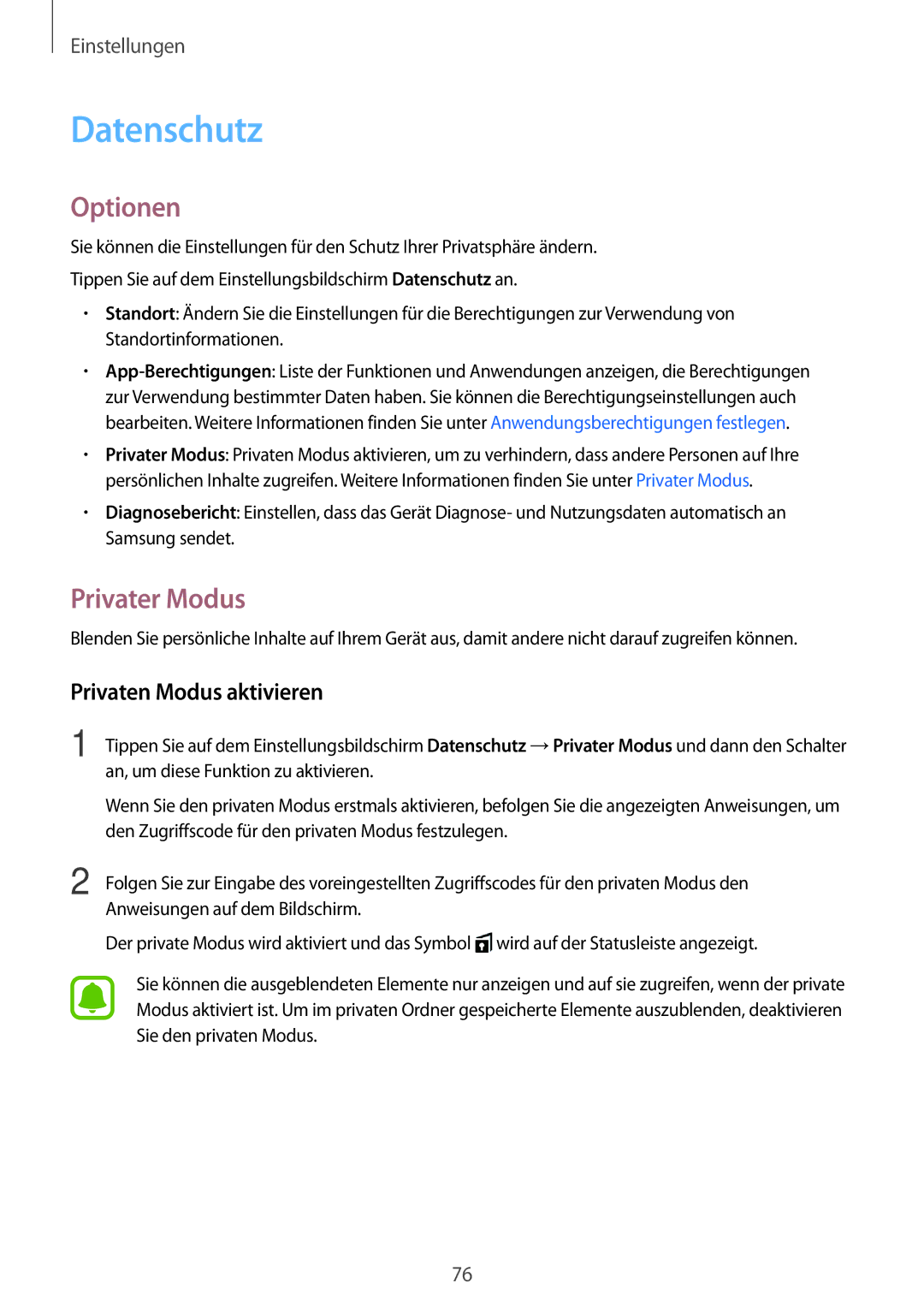 Samsung SM-T580NZKADBT, SM-T580NZWADBT, SM-T580NZKEDBT manual Datenschutz, Privater Modus, Privaten Modus aktivieren 