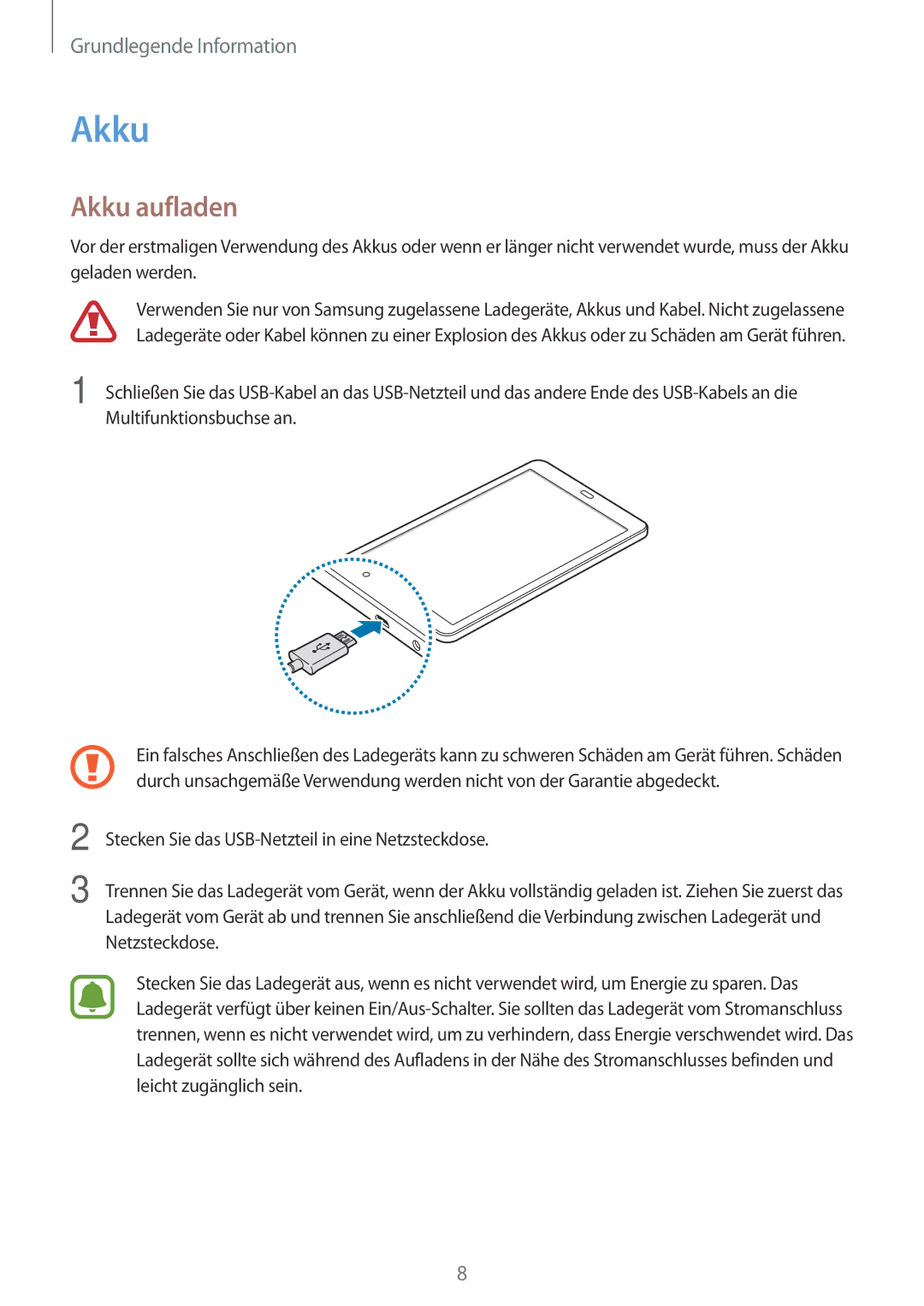 Samsung SM-T580NZKADBT, SM-T580NZWADBT, SM-T580NZKEDBT, SM-T580NZWEDBT manual Akku aufladen 