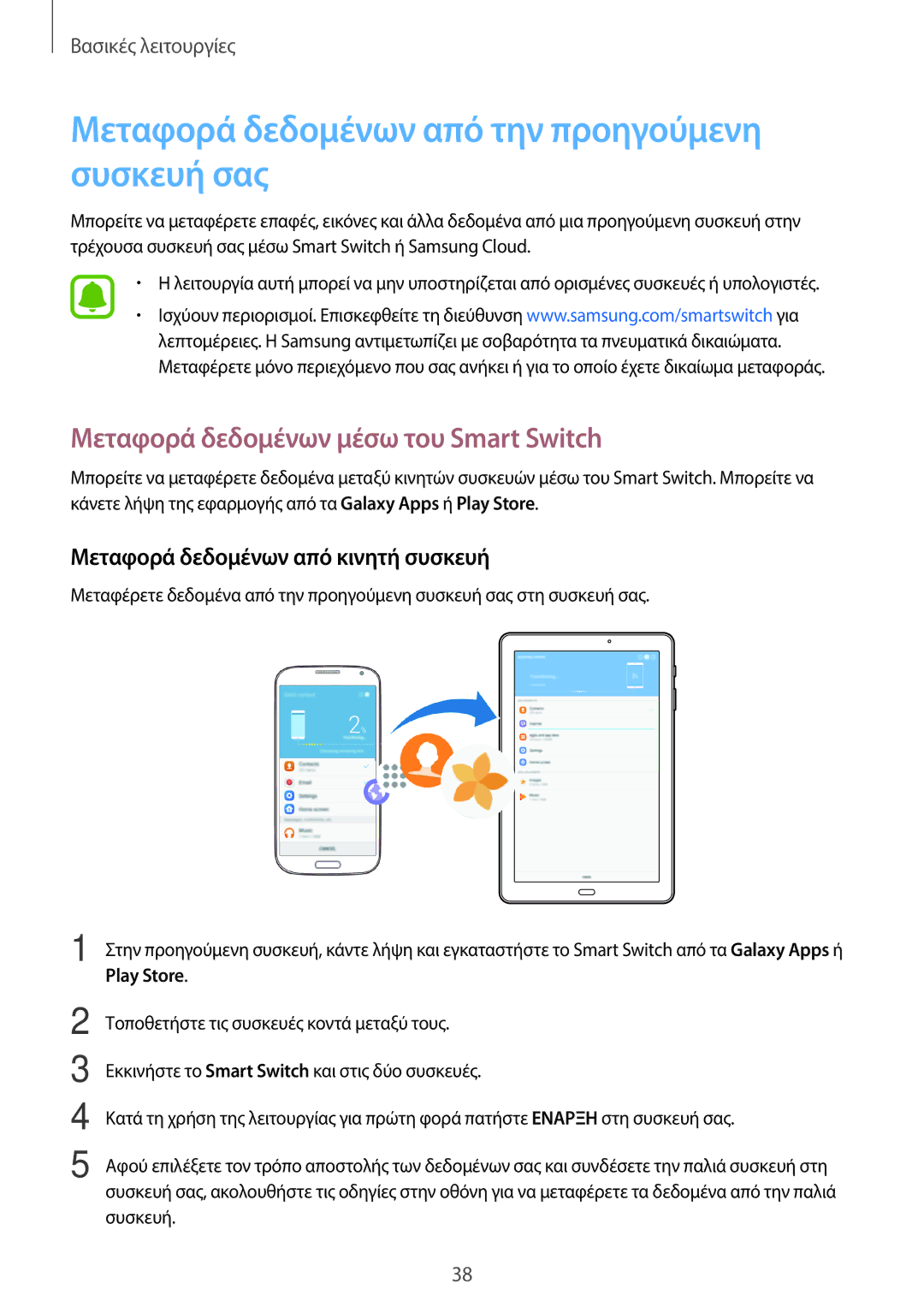 Samsung SM-T580NZKAEUR manual Μεταφορά δεδομένων από την προηγούμενη συσκευή σας, Μεταφορά δεδομένων μέσω του Smart Switch 