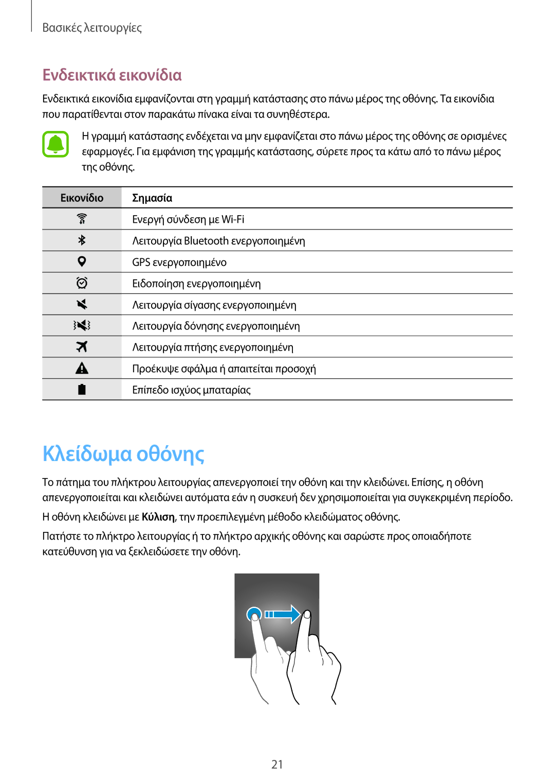 Samsung SM-T580NZWAEUR, SM-T580NZKAEUR manual Κλείδωμα οθόνης, Ενδεικτικά εικονίδια, Εικονίδιο Σημασία 