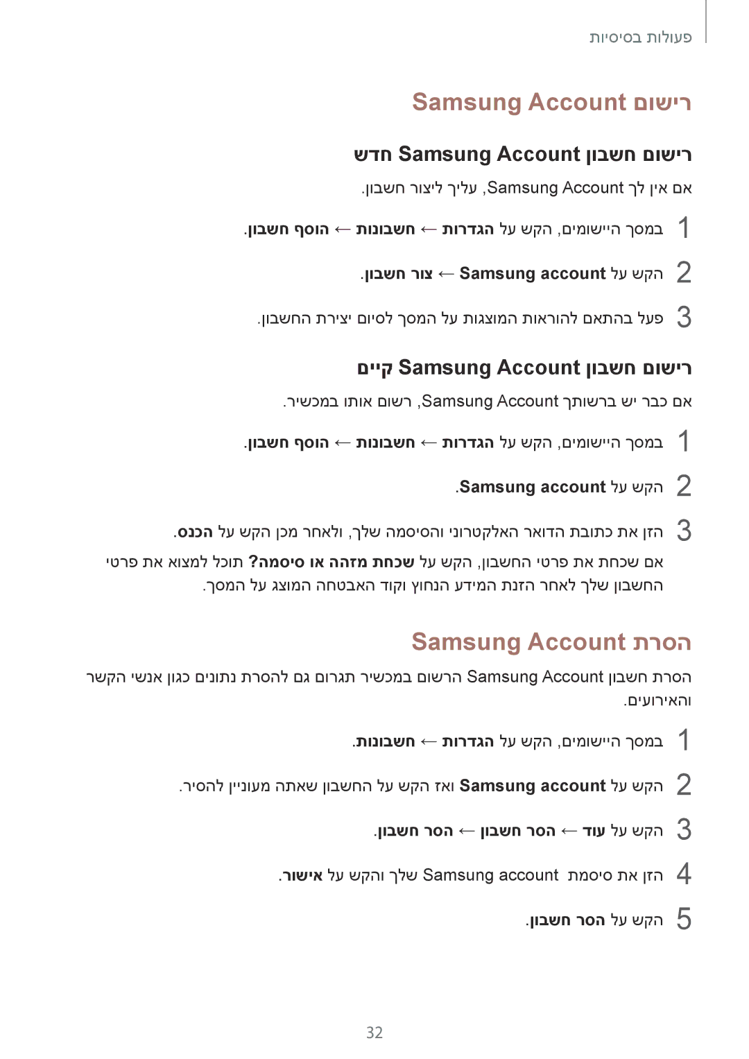 Samsung SM-T580NZKAILO manual Samsung Account םושיר, Samsung Account תרסה, שדח Samsung Account ןובשח םושיר 