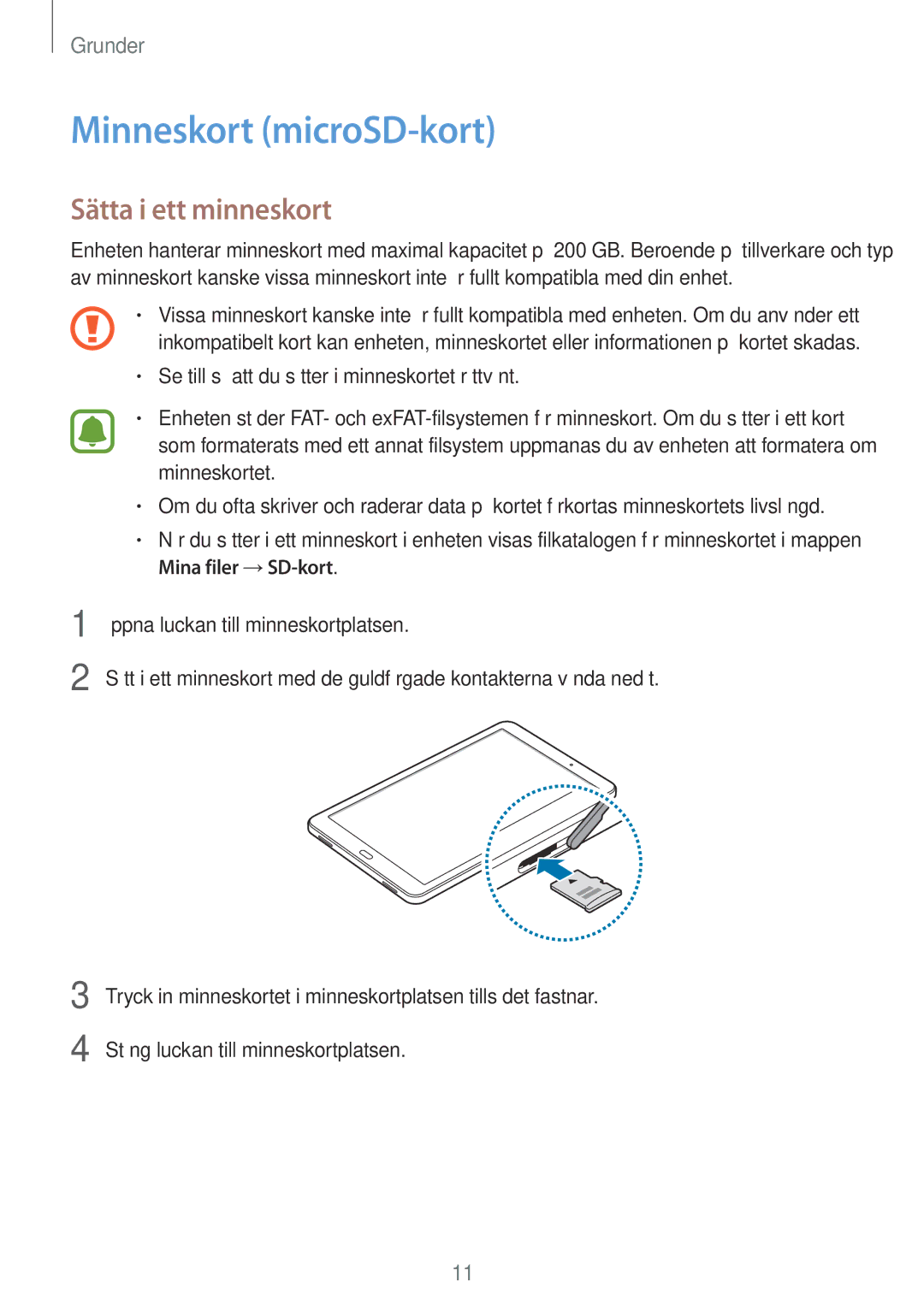 Samsung SM-T580NZKANEE, SM-T580NZKENEE, SM-T580NZWANEE, SM-T580NZWENEE manual Minneskort microSD-kort, Sätta i ett minneskort 