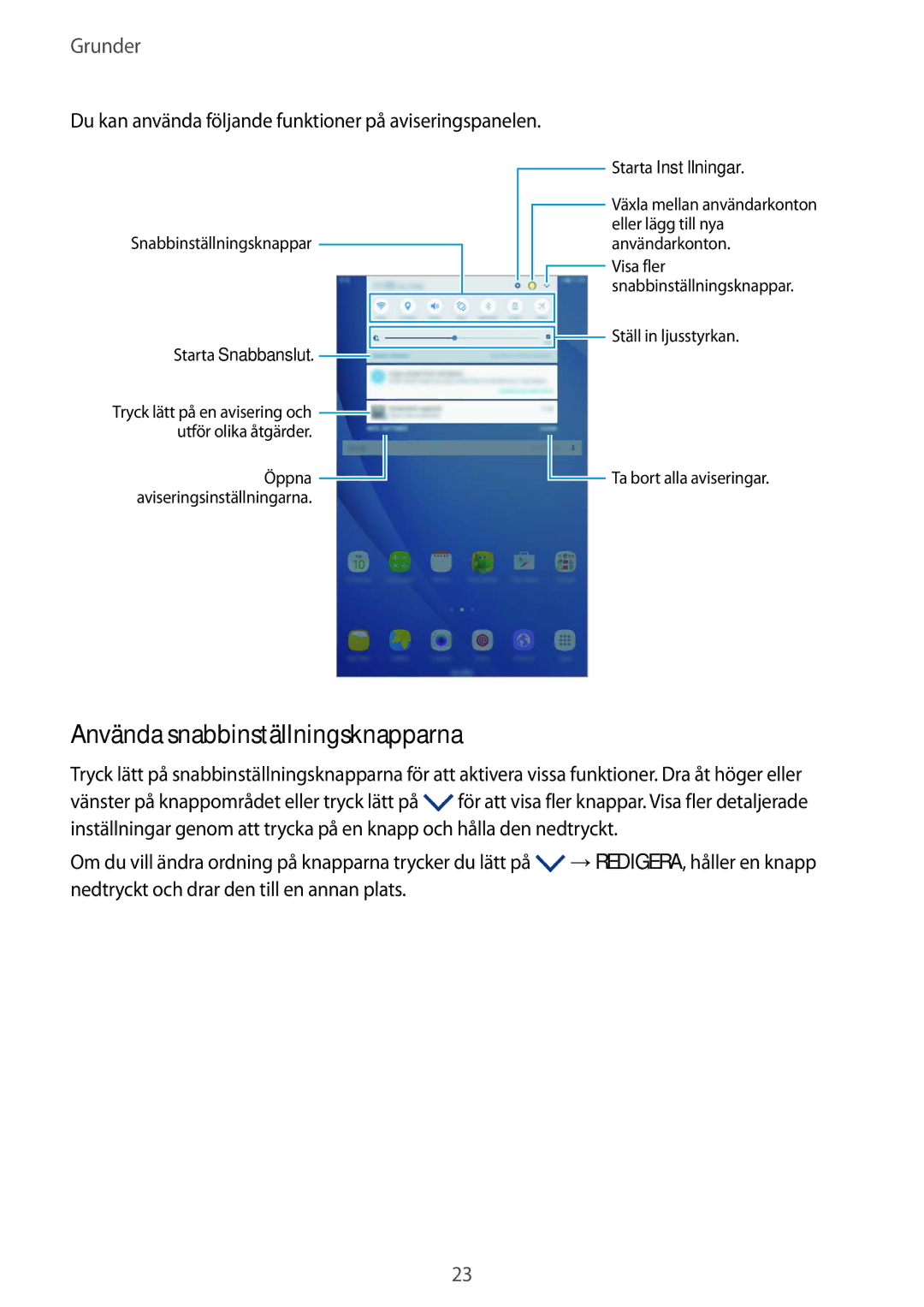 Samsung SM-T580NZKANEE manual Använda snabbinställningsknapparna, Du kan använda följande funktioner på aviseringspanelen 