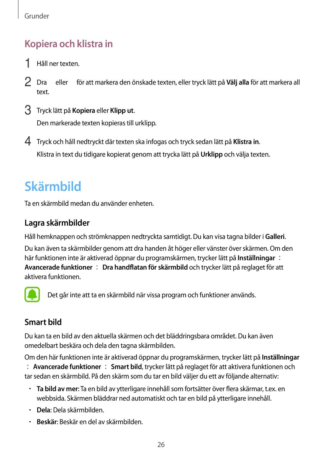 Samsung SM-T580NZWENEE, SM-T580NZKENEE, SM-T580NZWANEE manual Skärmbild, Kopiera och klistra, Lagra skärmbilder, Smart bild 