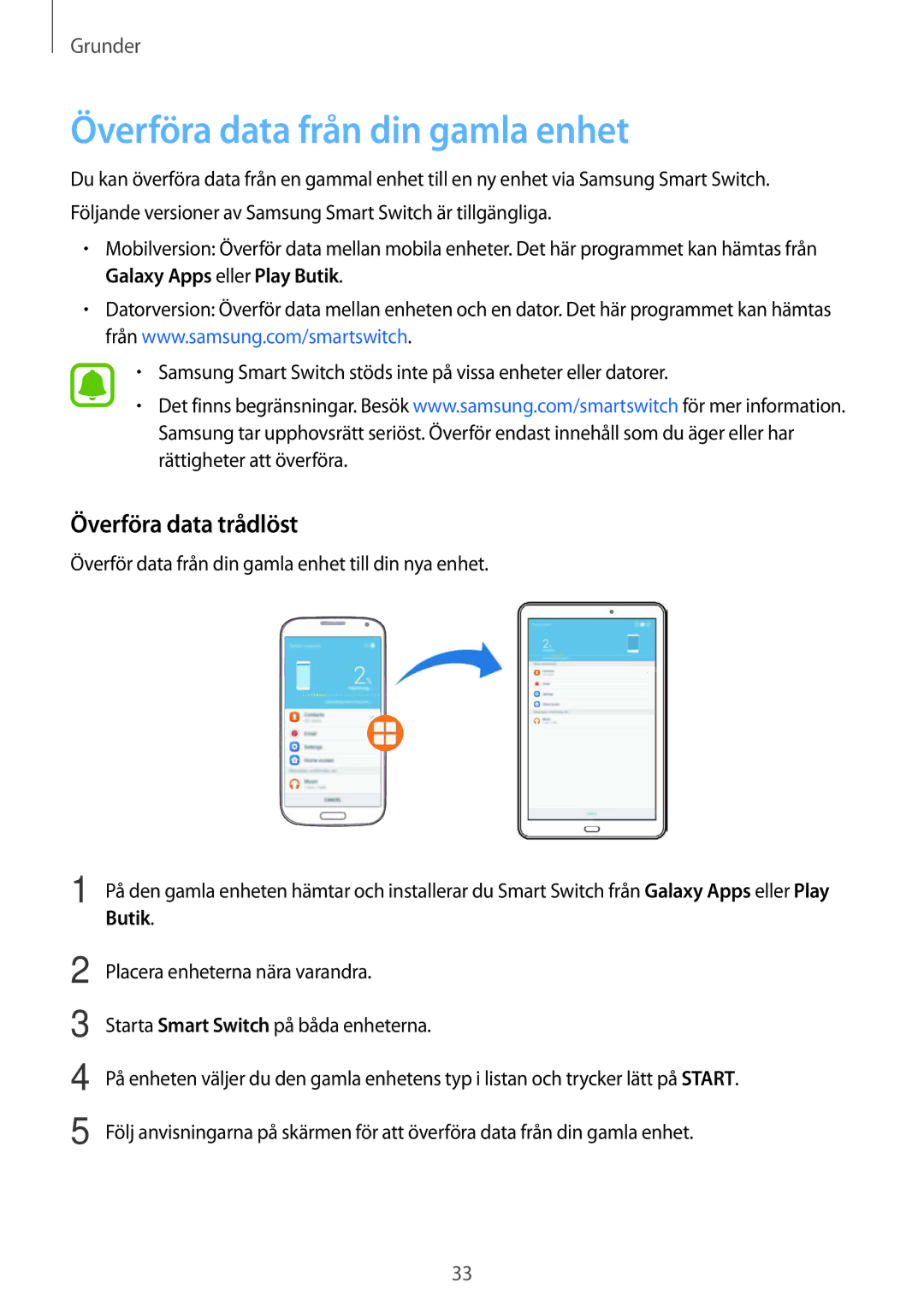 Samsung SM-T580NZWANEE, SM-T580NZKENEE, SM-T580NZWENEE manual Överföra data från din gamla enhet, Överföra data trådlöst 