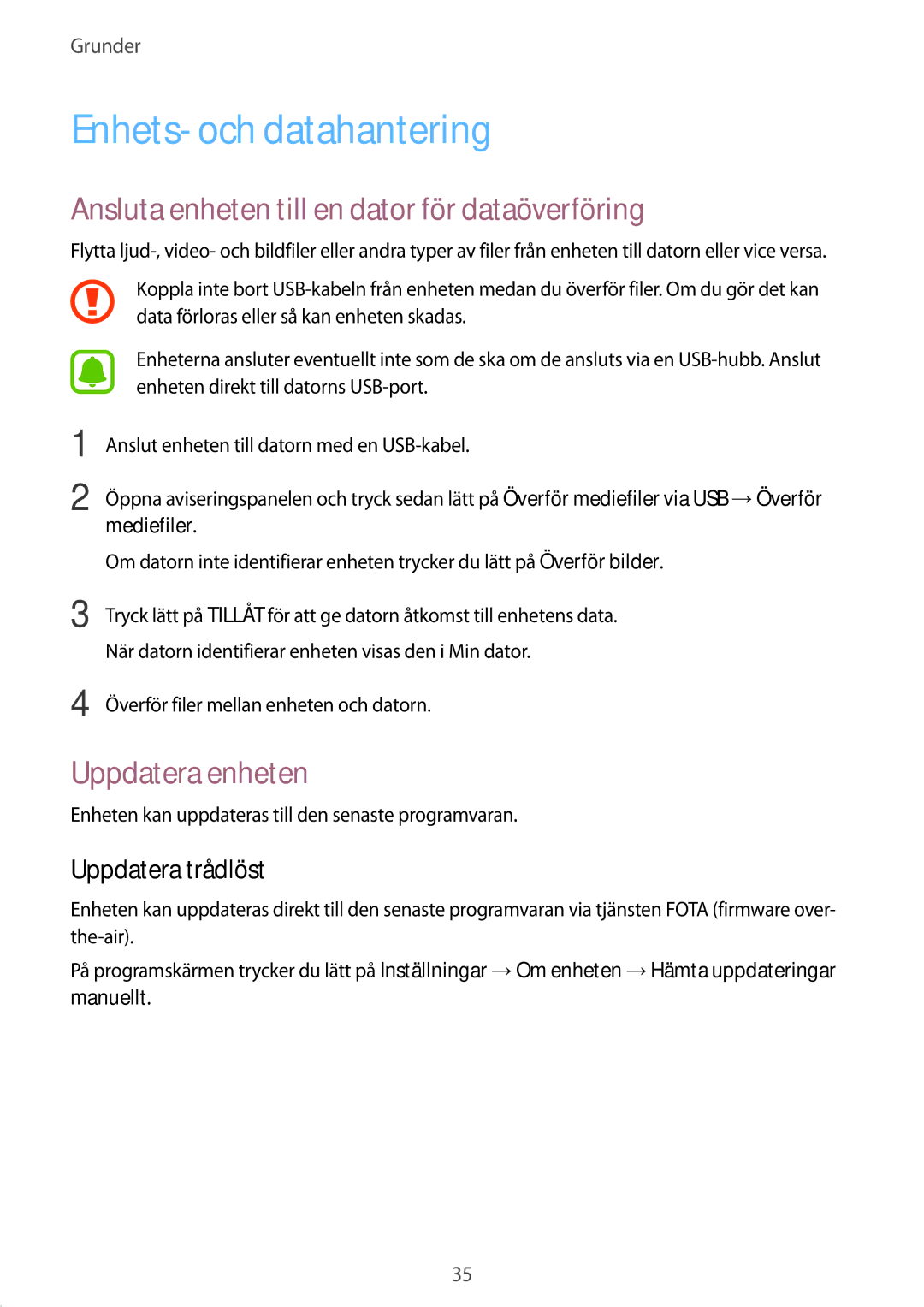 Samsung SM-T580NZKANEE Enhets- och datahantering, Ansluta enheten till en dator för dataöverföring, Uppdatera enheten 