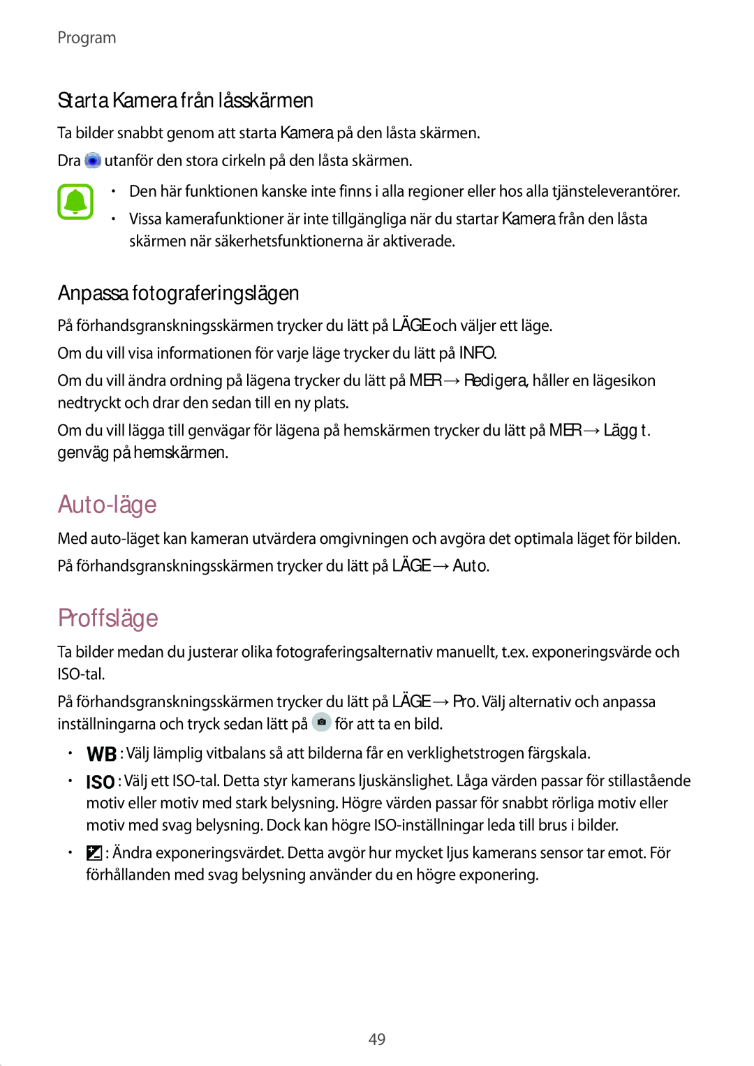 Samsung SM-T580NZWANEE, SM-T580NZKENEE Auto-läge, Proffsläge, Starta Kamera från låsskärmen, Anpassa fotograferingslägen 