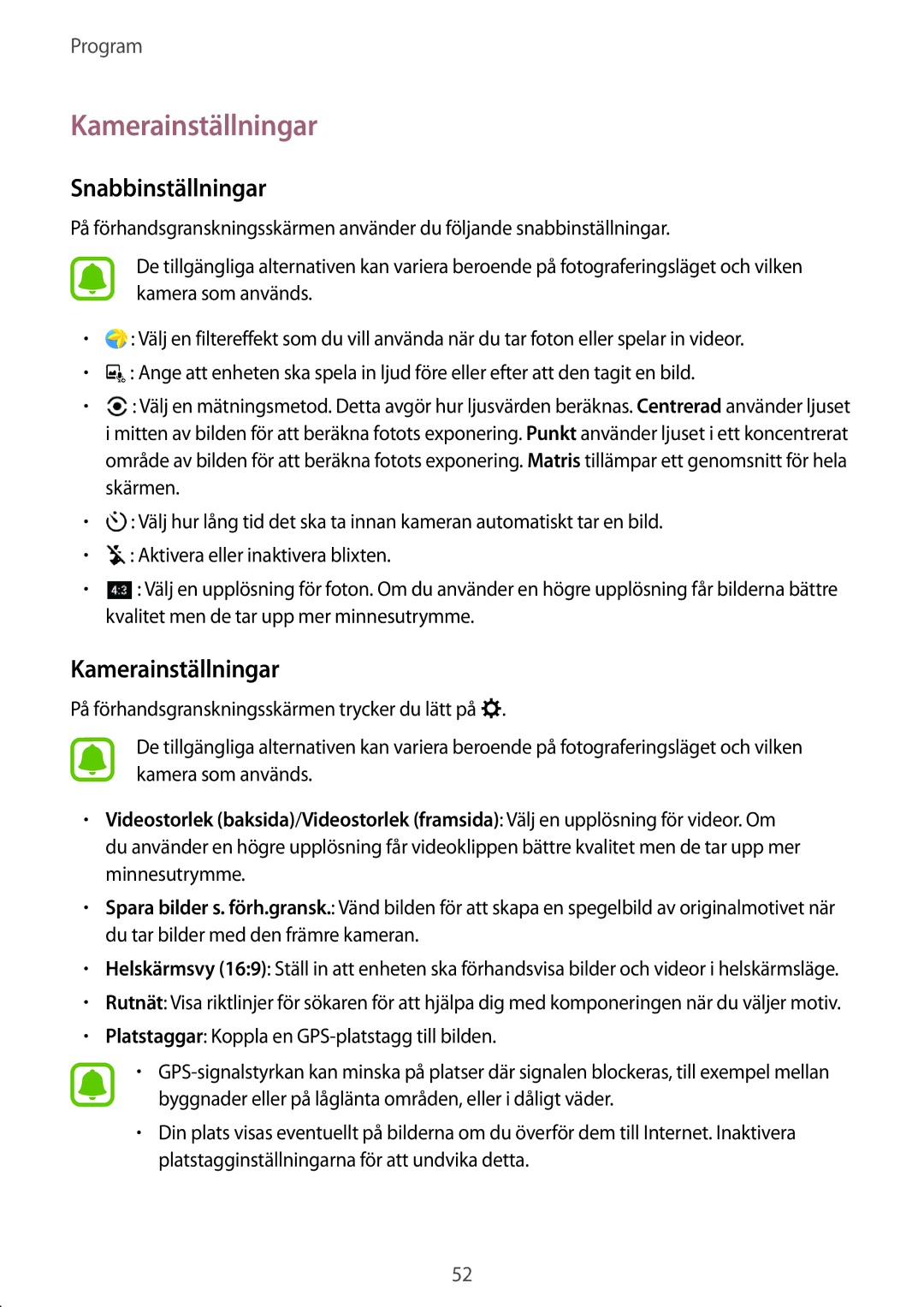 Samsung SM-T580NZKENEE, SM-T580NZWANEE, SM-T580NZWENEE, SM-T580NZKANEE manual Kamerainställningar, Snabbinställningar 