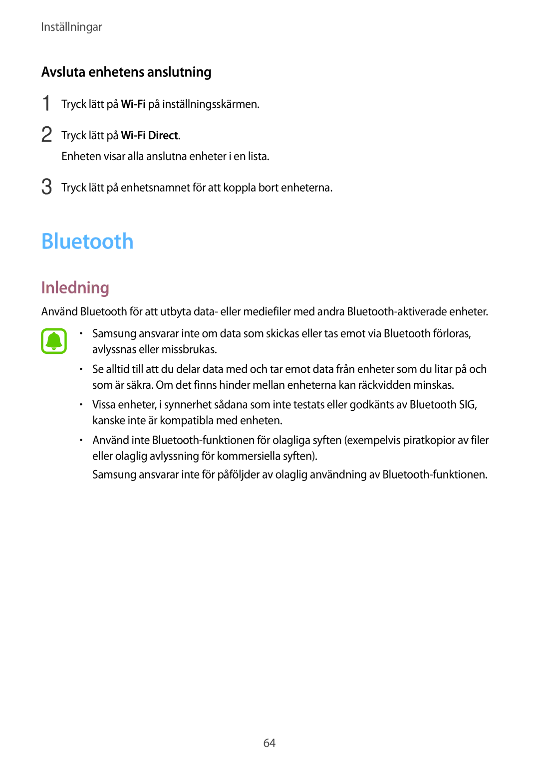 Samsung SM-T580NZKENEE, SM-T580NZWANEE, SM-T580NZWENEE, SM-T580NZKANEE manual Bluetooth, Avsluta enhetens anslutning 