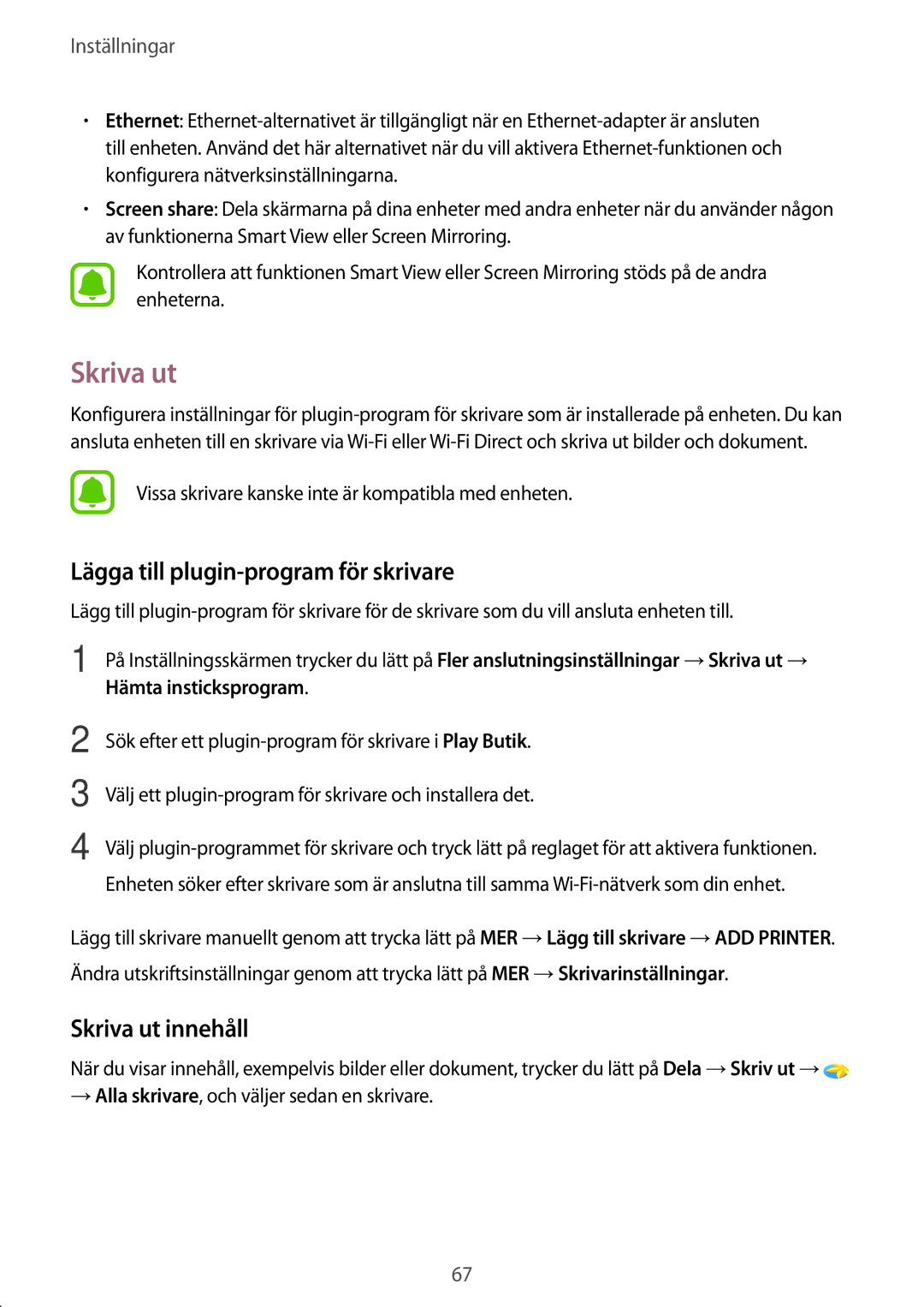 Samsung SM-T580NZKANEE, SM-T580NZKENEE, SM-T580NZWANEE manual Lägga till plugin-program för skrivare, Skriva ut innehåll 