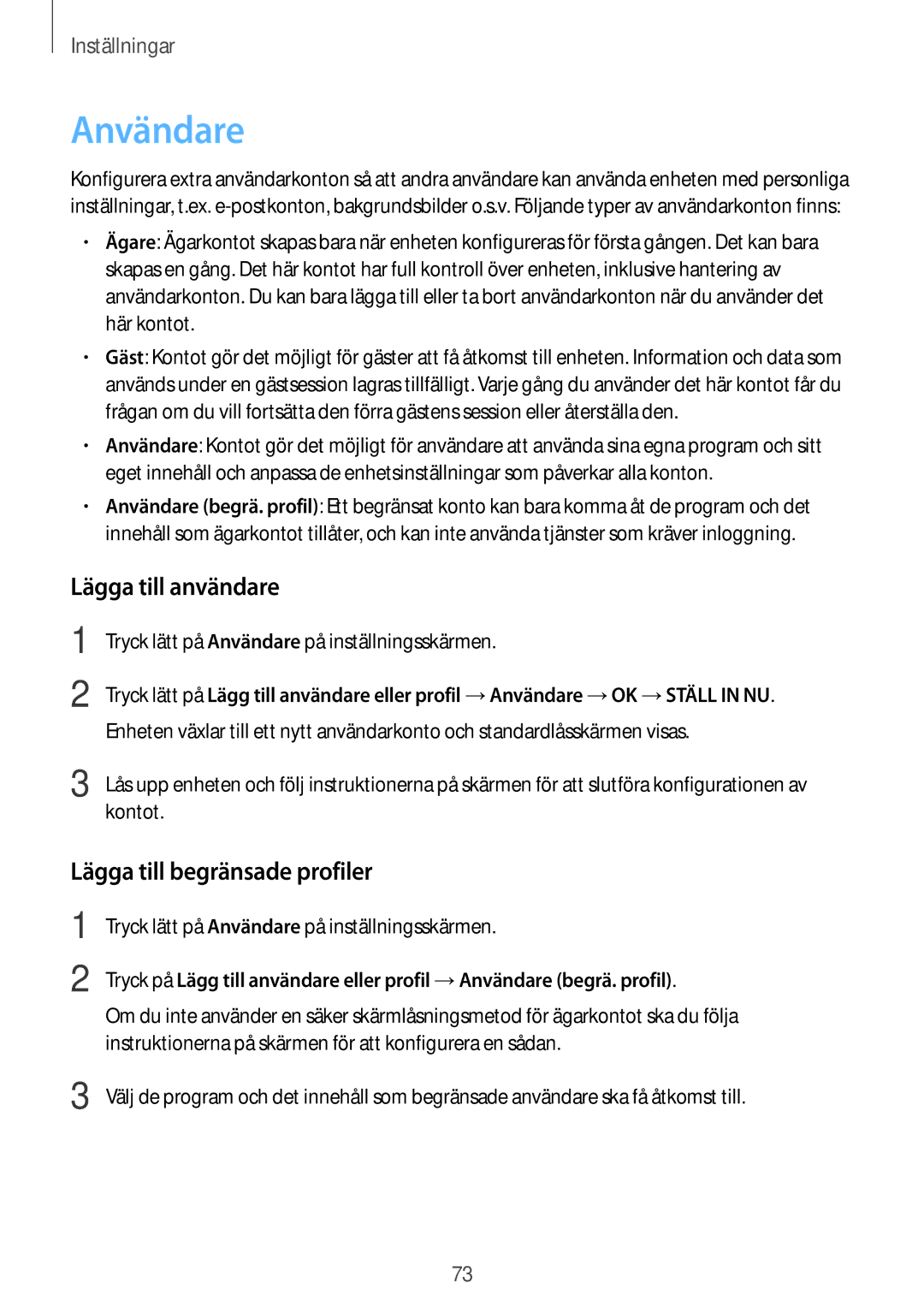 Samsung SM-T580NZWANEE, SM-T580NZKENEE, SM-T580NZWENEE manual Användare, Lägga till användare, Lägga till begränsade profiler 