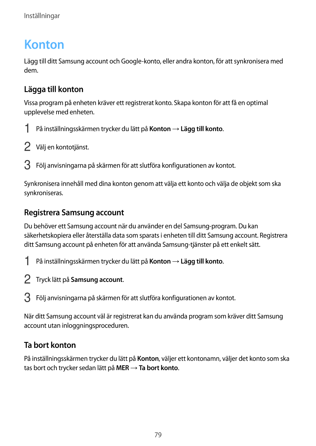 Samsung SM-T580NZKANEE, SM-T580NZKENEE manual Konton, Lägga till konton, Registrera Samsung account, Ta bort konton 