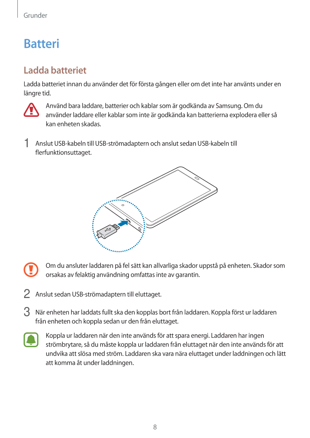 Samsung SM-T580NZKENEE, SM-T580NZWANEE, SM-T580NZWENEE, SM-T580NZKANEE manual Batteri, Ladda batteriet 