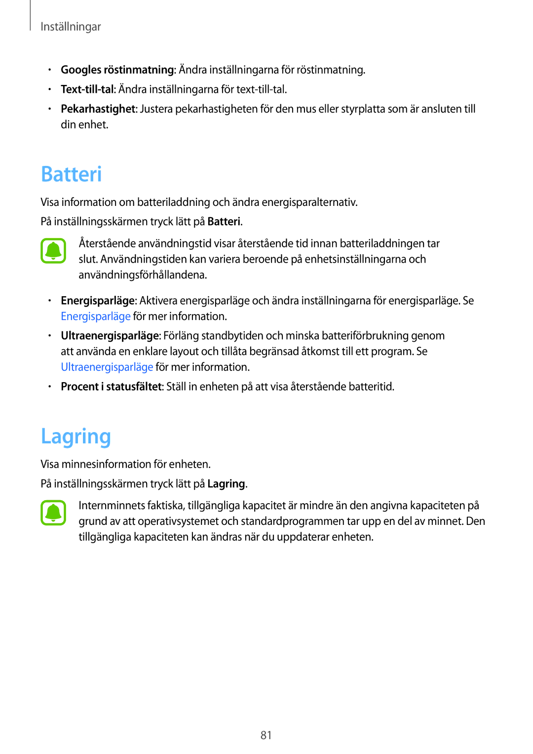 Samsung SM-T580NZWANEE, SM-T580NZKENEE, SM-T580NZWENEE, SM-T580NZKANEE manual Batteri, Lagring 