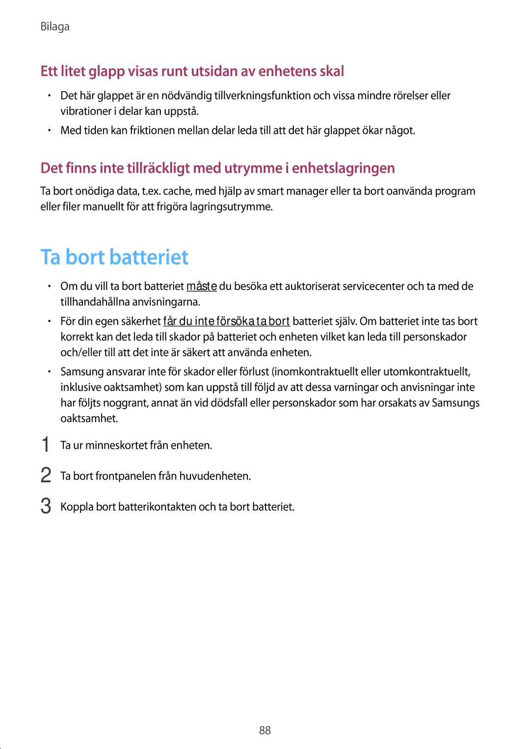 Samsung SM-T580NZKENEE, SM-T580NZWANEE manual Ta bort batteriet, Ett litet glapp visas runt utsidan av enhetens skal 