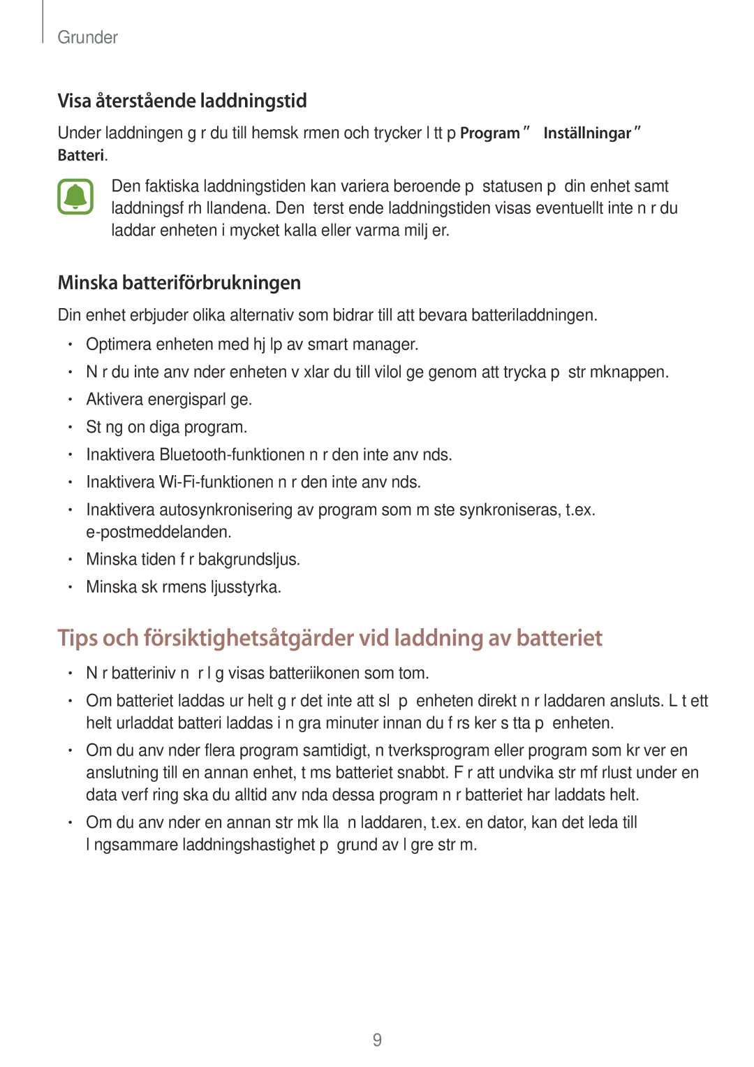 Samsung SM-T580NZWANEE manual Tips och försiktighetsåtgärder vid laddning av batteriet, Visa återstående laddningstid 